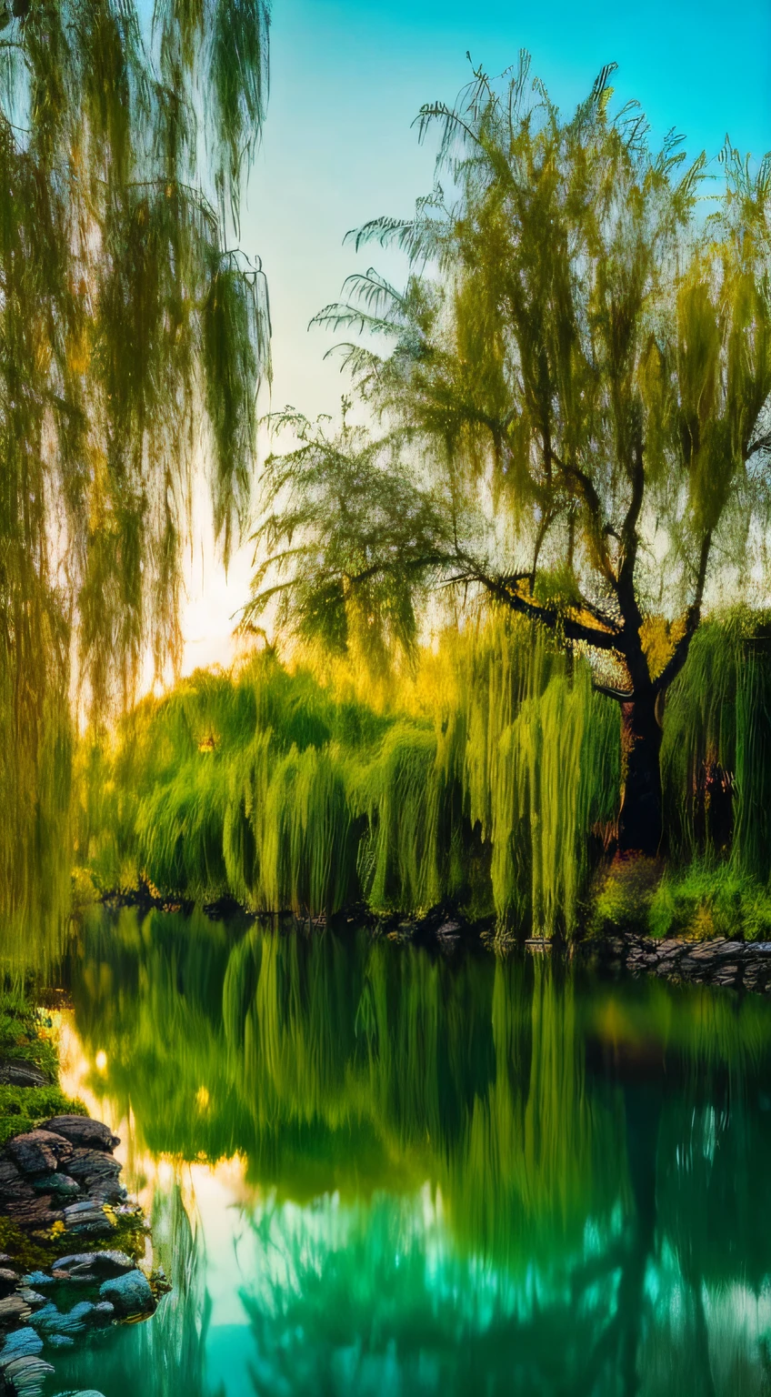 At dusk, green trees, willows flying, surrounded by blue water, small bridges and flowing water, antique color, floral fragrance, warm as jade, birds singing and flowers, water town paintings, leisurely, real photography, 16K resolution