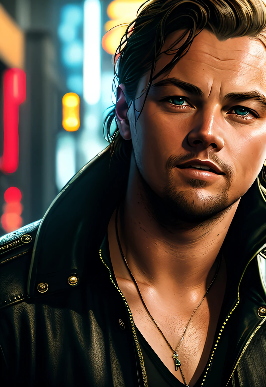 a painting of a Leonardo DiCaprio, background, style Cyberpunk 2077, fulbody, closeup