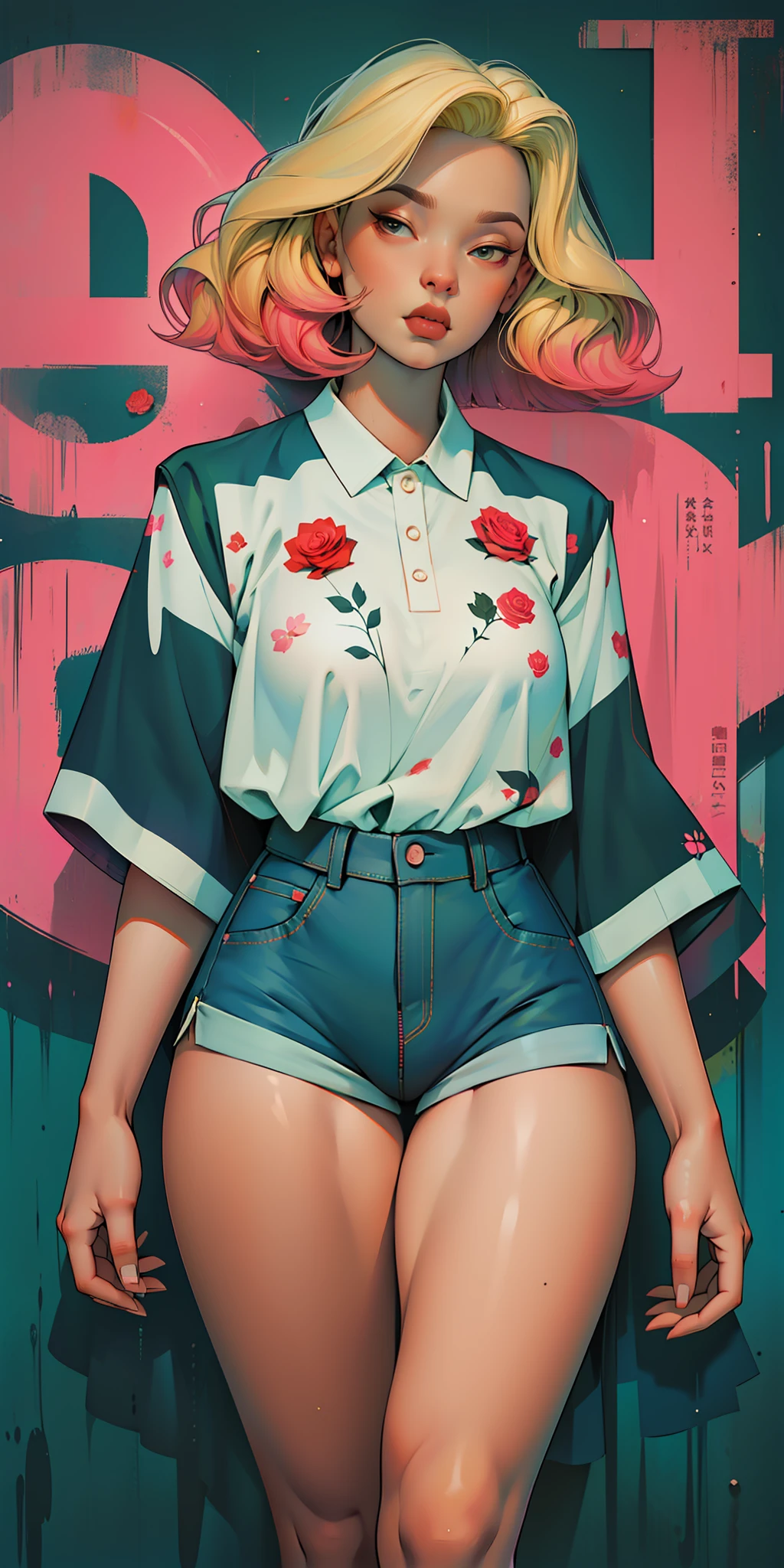 Background, In chic boho style, in a café, Ice cream print, multi-colored neon lights, neon garlands, rose hair, mixed-language_SMS, Japanese graffiti, (beautiful and clear background:1.2),, fantastic paintings ,graffit style, olhos altamente detalhados , Underwear, lace, latex, blonde girl, Cat Print, tattoo, Loving, Love, ultra detail hair, Masterpiece, Best Quality, high qulity, high resolucion, detail enhancement, ((most beautiful image in the world)), Masterpiece, Best Quality, high qulity, high resolucion, detail enhancement, ((most beautiful image ), Shiny pink degrade hair, ultra short fitted Stampa Flores, Rollers,  tights in a mesh, Short denim shorts,  art by stjepan sejic, art by j scott campbell, art by guillem march, art by citemer liu, 4k, high resolucion, comic book character, comic, high quality detailed,   style of ::2.0 comix illustration style,tatoon style, high qulity, high resolucion, detail enhancement, 8K, HD, Best Quality, high qulity, high resolucion, detail enhancement, 8K, HDR, sharp-focus, Ultra Detailed, perfect  lighting, Curvy Body, Lush breasts, Curvy hips