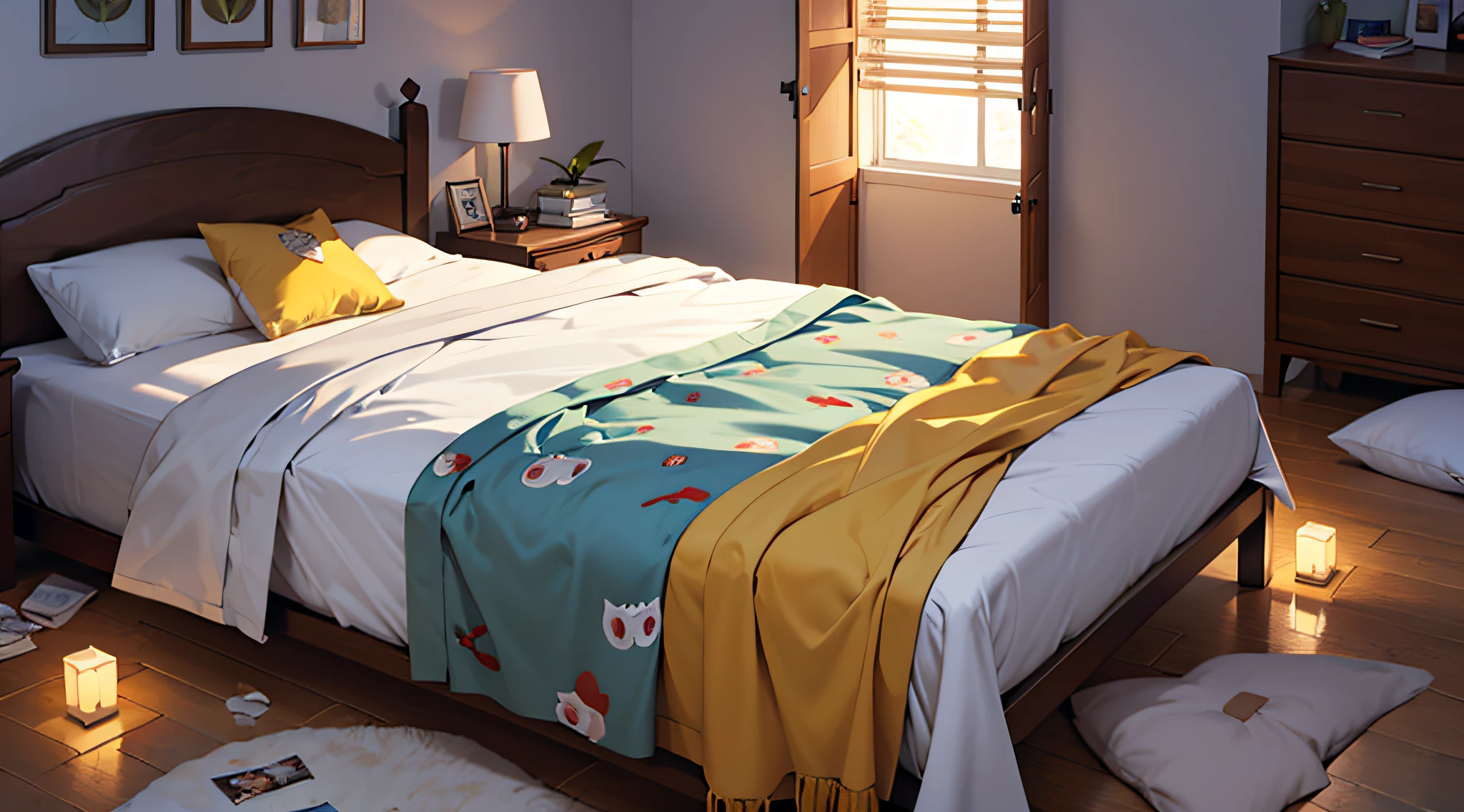 quarto, luminaria, cama desarrumada, some clothes on the floor, janela com a luz da lua, cartoon,
