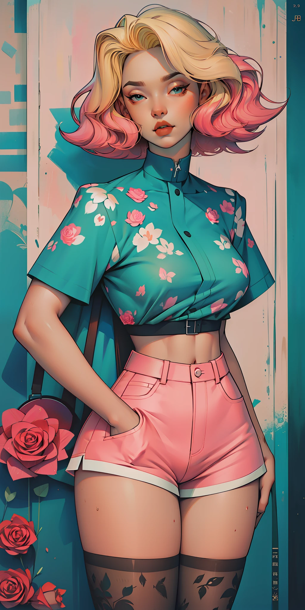 Background, In chic boho style, in a café, Ice cream print, multi-colored neon lights, neon garlands, rose hair, mixed-language_SMS, Japanese graffiti, (beautiful and clear background:1.2),, fantastic paintings ,graffit style, olhos altamente detalhados , Underwear, lace, latex, blonde girl, Cat Print, tattoo, Loving, Love, ultra detail hair, Masterpiece, Best Quality, high qulity, high resolucion, detail enhancement, ((most beautiful image in the world)), Masterpiece, Best Quality, high qulity, high resolucion, detail enhancement, ((most beautiful image ), Shiny pink degrade hair, ultra short fitted Stampa Flores, Rollers,  tights in a mesh, Short denim shorts,  art by stjepan sejic, art by j scott campbell, art by guillem march, art by citemer liu, 4k, high resolucion, comic book character, comic, high quality detailed,   style of ::2.0 comix illustration style,tatoon style, high qulity, high resolucion, detail enhancement, 8K, HD, Best Quality, high qulity, high resolucion, detail enhancement, 8K, HDR, sharp-focus, Ultra Detailed, perfect  lighting, Curvy Body, Lush breasts, Curvy hips