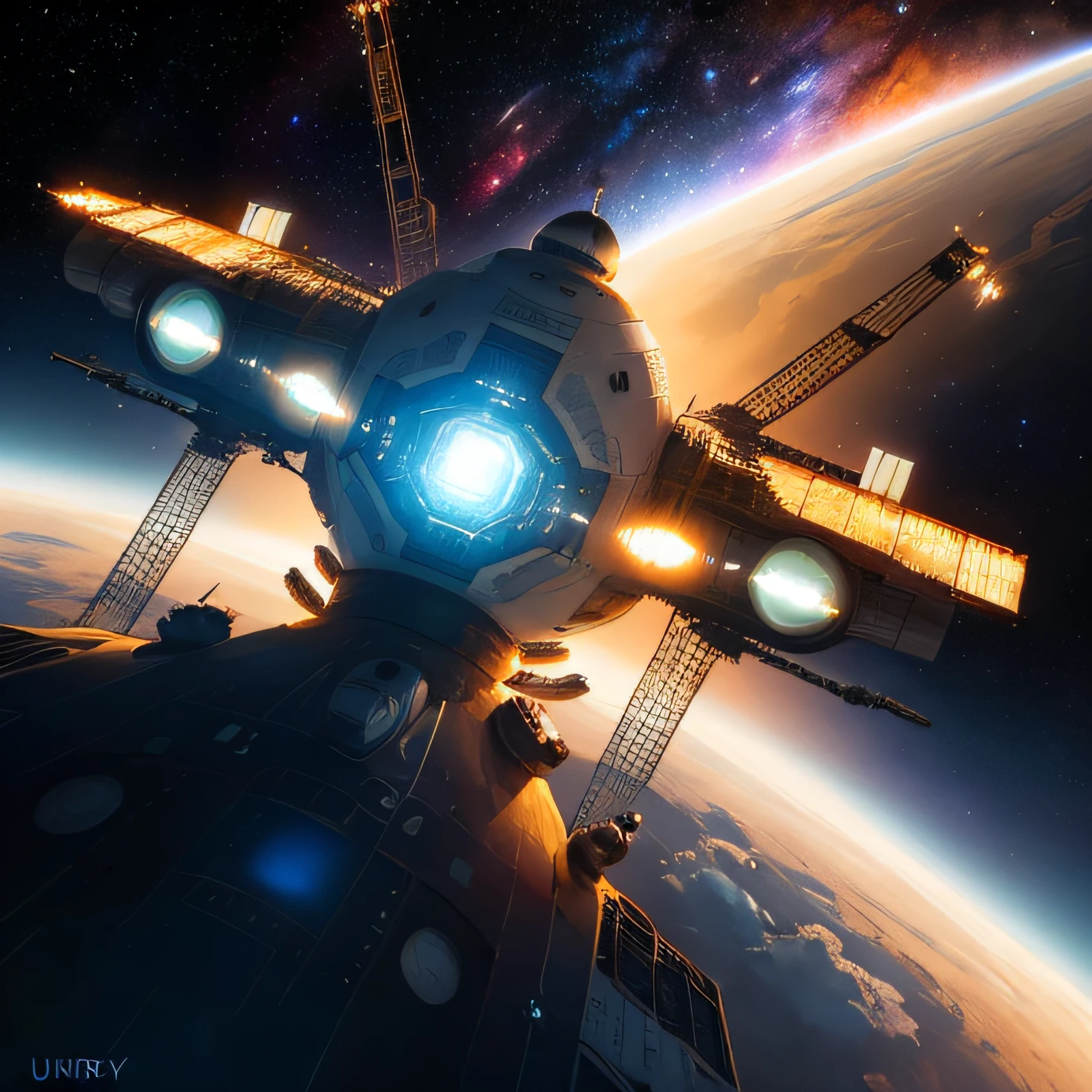 wide angle, futuristic giant space station, nublado, galaxia, Estrellas, lighting effects, De color, Greg Rutkowski, Motor irreal, James Gurney, artistic space station, Pintura mate muy detallada, Esquema de color brillante