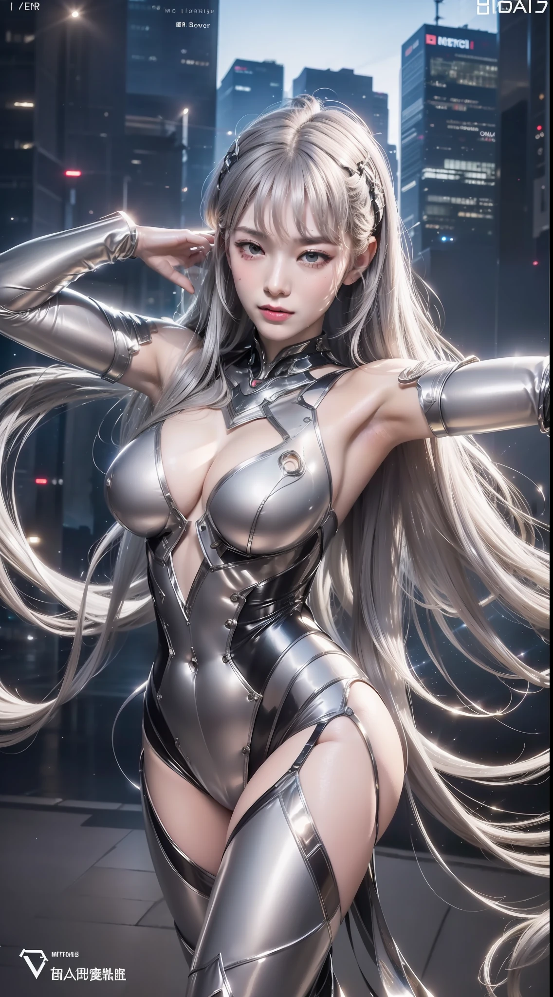 （masterpaintings、need、Ultra-delicate、high resolucion），(((She has long silver hair，A meticulous face，Nice face，The face of a human woman：1.6)))，(((Female giant)))，(The body is made of silver，The arms present a streamlined design，Looks tall and thin，The overall shape is streamlined and modern)，(standing pose)，pose for photos，high-angle，nigth，city ruins，background detail，（（（body complet））），From above，独奏，(((solo dance)))，(((Huge feeling)))