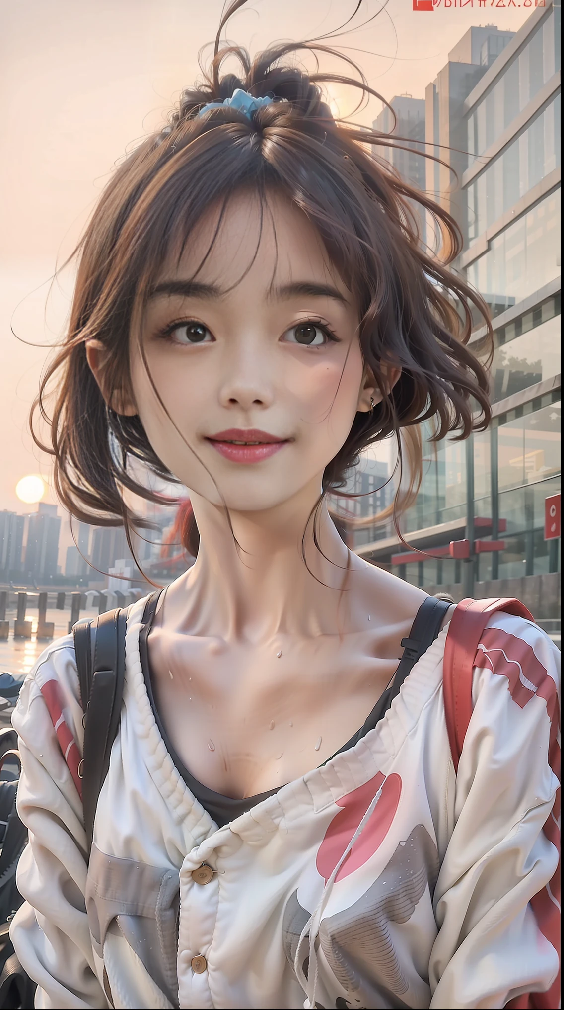 Master picture quality,Hyper-realistic,真实感,Three-dimensional feeling,setting sun,Riverside runway,The view is beautiful,The river flows,A teenage Chinese girl,youthfulness,lovly,Run,short shoulder length hair,Untidy hair,Sweat on the face,blush on,双眼皮,Bend your eyebrows,Clear eyes,Delicate facial features,Dignified and delicate,Medium height,Medium chest and good figure,smil,sportwear,Shoulder bag,Holding a water cup in one hand,Say hello with one hand,over distances,facial closeup,Infinite detail is real,The background is clear and real,The skin is real,the panorama,Full body photo