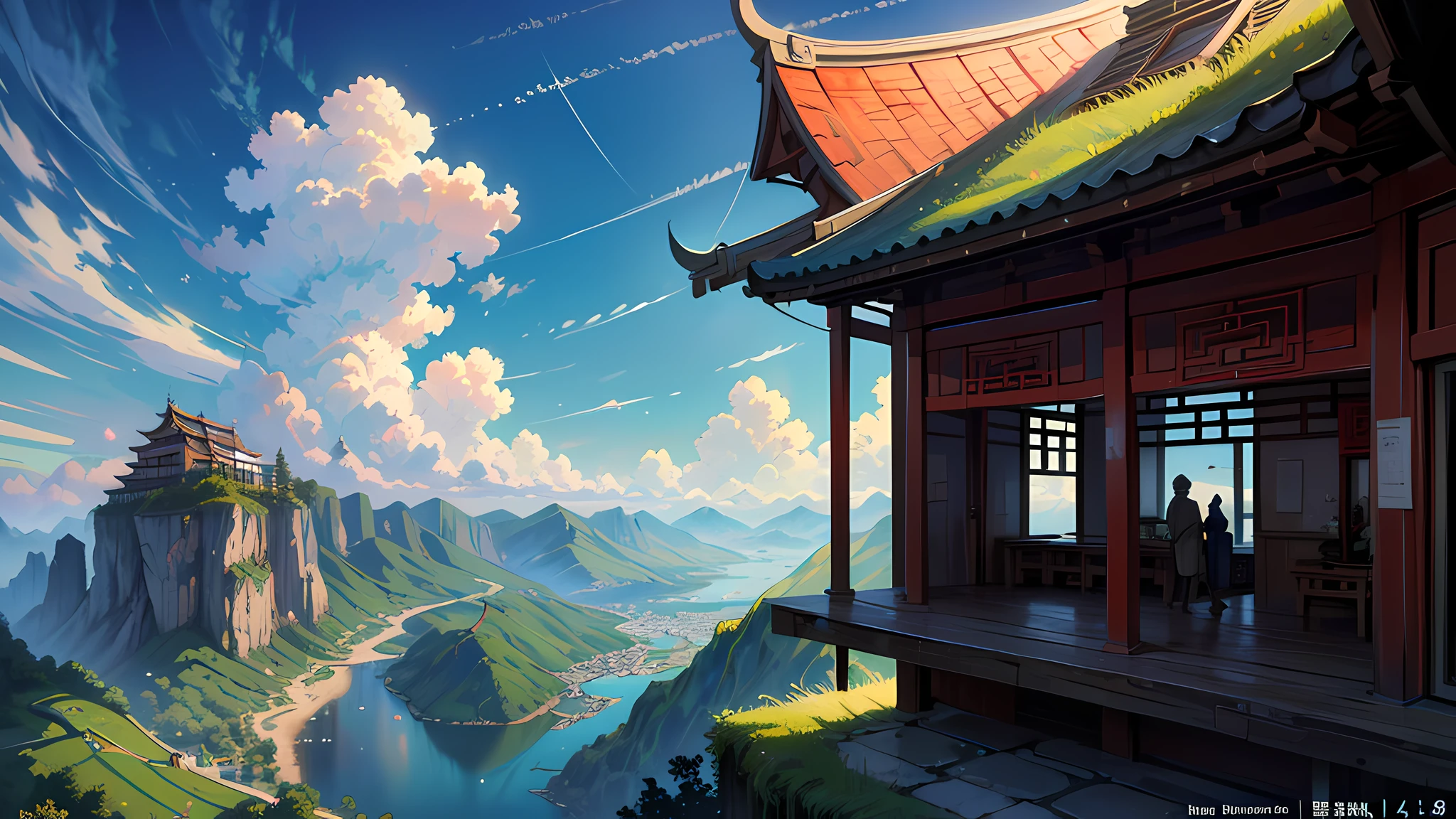 (((8k, RAW photos, best quality, masterpiece: 1.4)))), super high resolution, super detail, illustration, medieval explorer, (man on the cliff: 1.2), ancient Chinese architecture village in the distance, landscape, twisted clouds, well-made sky, Chinese Tang dynasty, magnificent architecture, imagination, outdoors, background only, (Aeria view: 1.2)