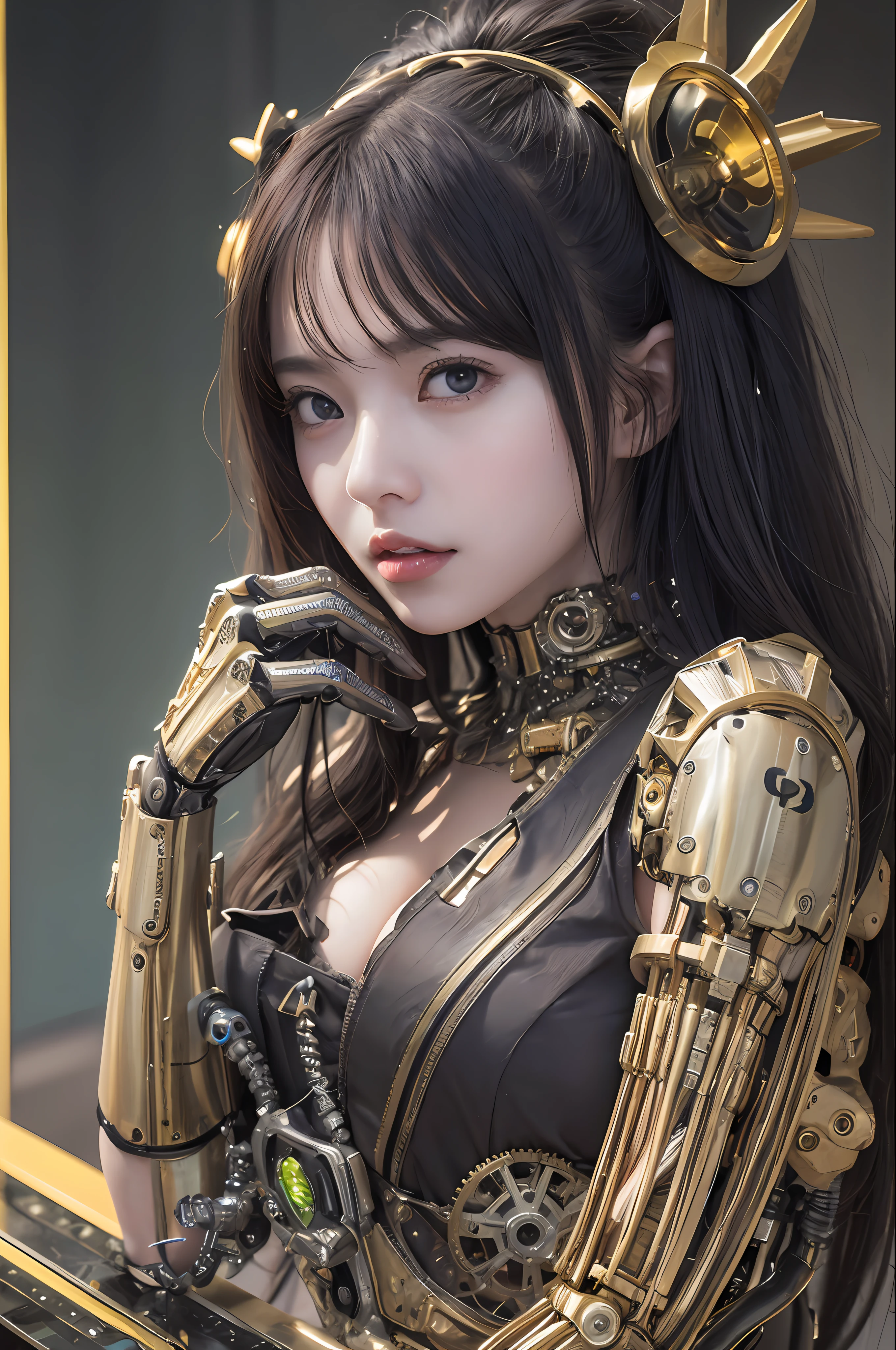 最好质量、巨作、ultra-high-resolution、(photoreallistic:1.4)、Raw photo、女の子1人、Black hair、glowy skin、1 Mechanical Girl、((hyper realistic detail))、portlate、Global Illumination、Shadow、octane rend、8K、ultrasharp、big tit、Raw skin is exposed in cleavage、metals、Details of complex ornaments、Gothloli details、Analog Meter、cog、gear、Golden hydraulic cylinder、hyper intricate details、Realistic light、CGSoation Trends、purple colored eyes、eyes glowing、Facing the camera、neon details、Mechanical limbs、blood vessels connected to tubes、Mechanical vertebrae attached to the back、mechanical cervical attaching to neck、sitting on、Wires and cables connecting to the head、Small LED lamp、