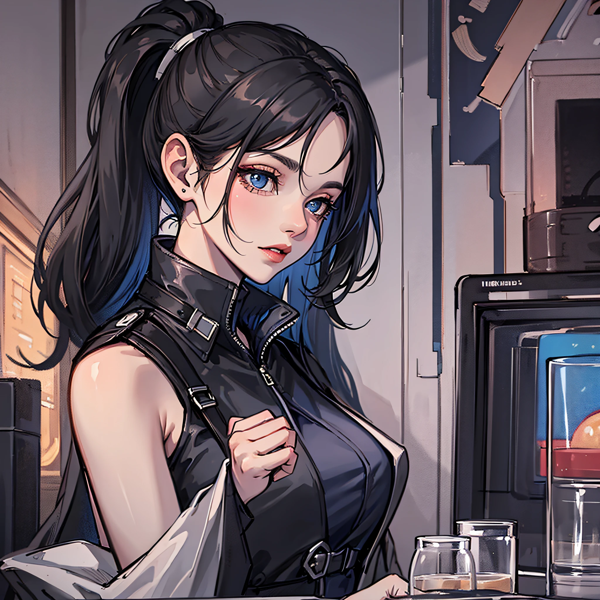 A woman with a black ponytail,Wear a black trench coat,Blue eyes,in laboratory,the night,lune,8K,pubic detail,masterpaintings