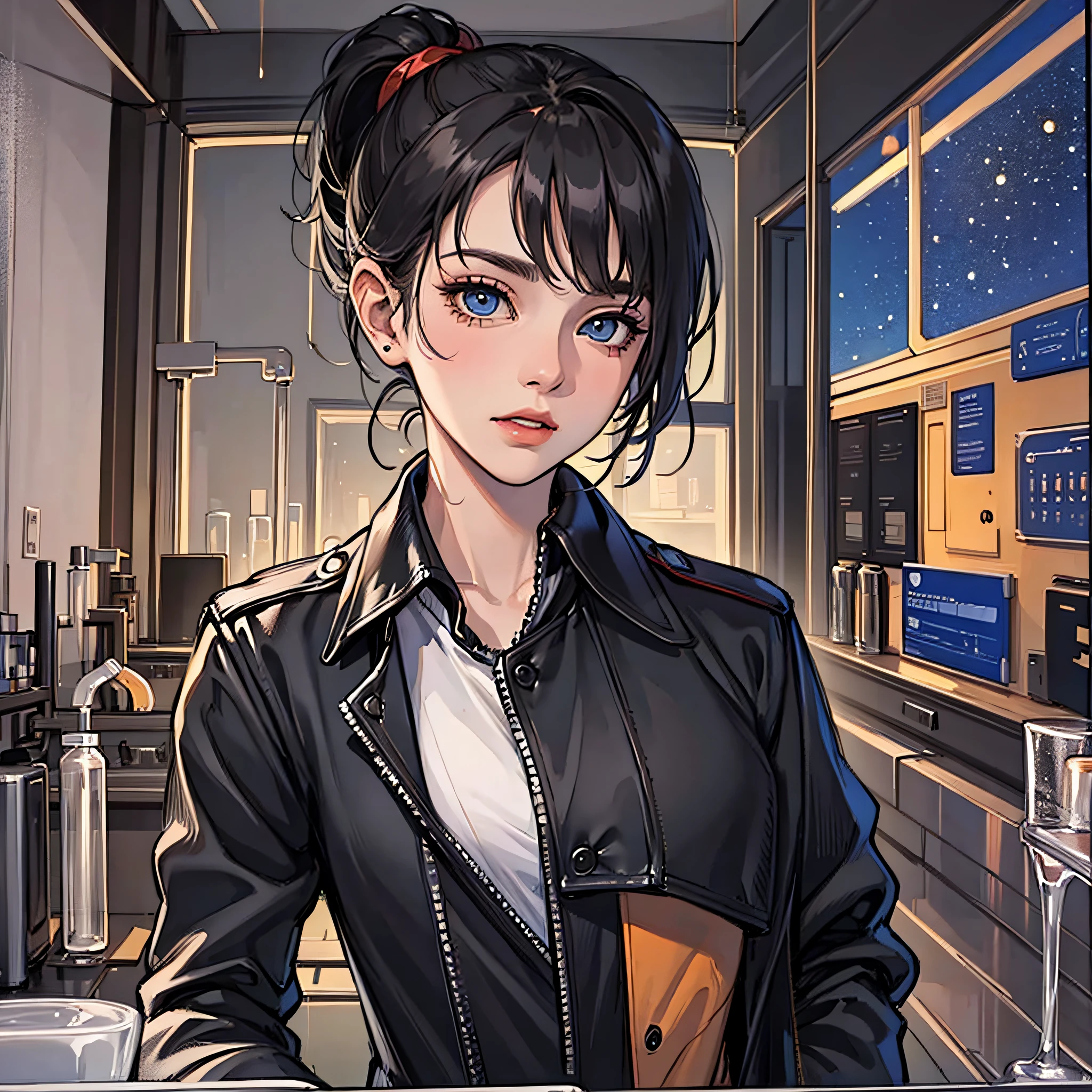 A woman with a black ponytail，Wear a black trench coat，Blue eyes，in laboratory，the night，lune，8K，pubic detail，masterpaintings
