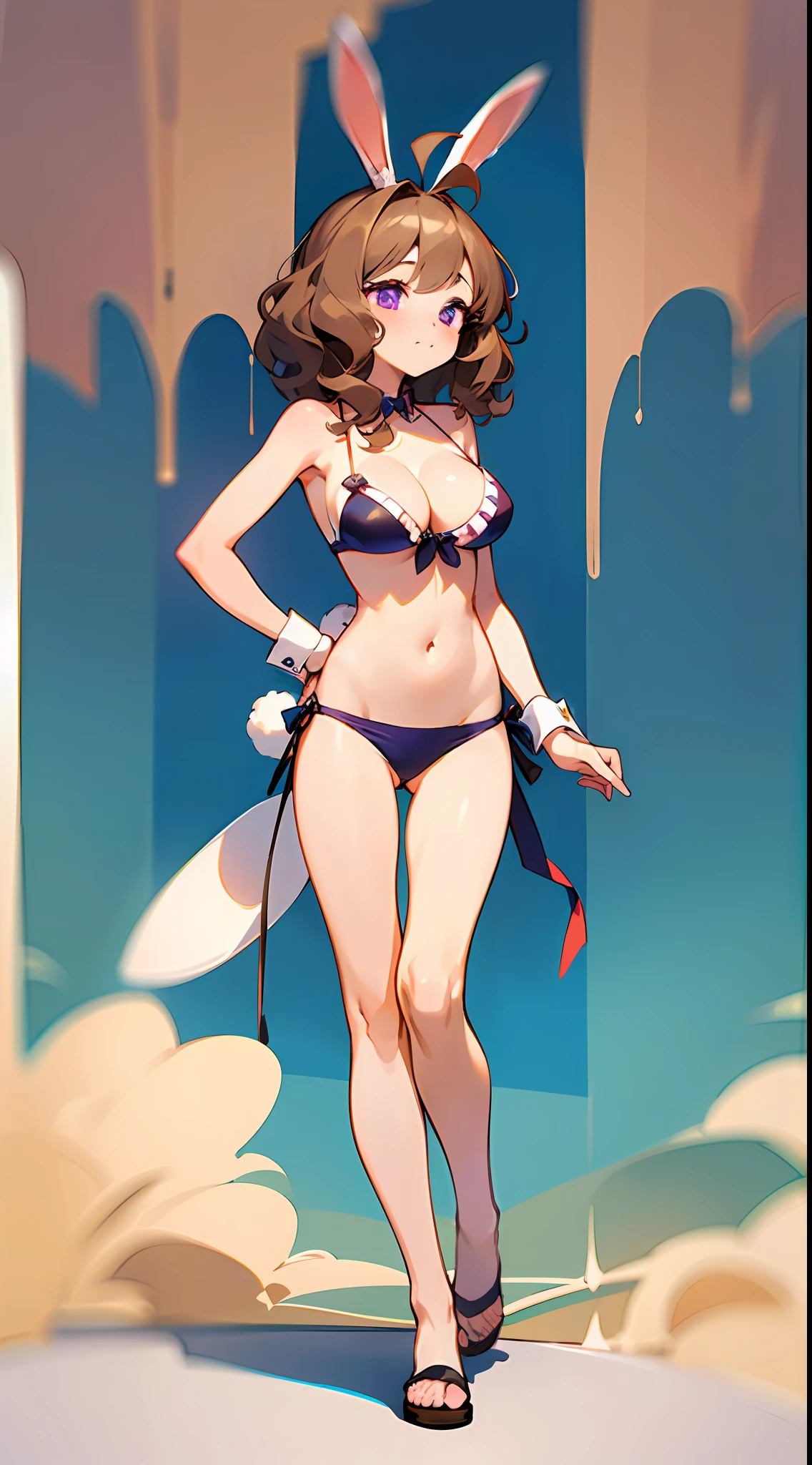 Cute, (1 girl:1.1), Solo, (light brown hair:1.3), Medium hair, Wavy hair, Purple eyes, Tips, Ahoge, (Rabbit tail:1.4), (Rabbit tail:1.3), , Princess cut, (Bikini:1.6), (Chibi:1.2), Full body, With breasts, (S.4), (Cleavage:1.4)