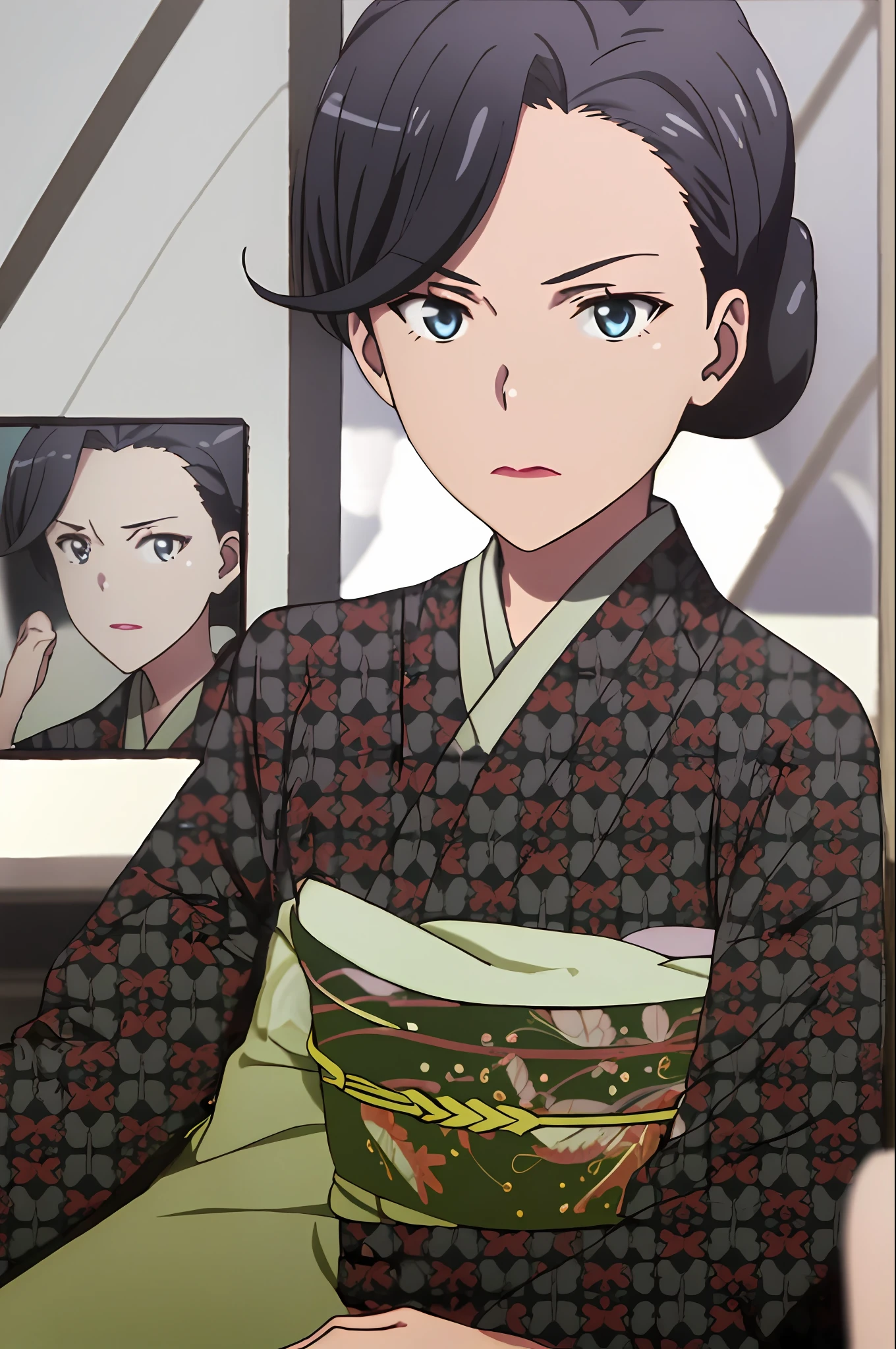 masterpiece, best quality, 1girl, mrsyukinoshita, black hair, hair bun, purple kimono, blue eyes, sitting, seiza, tatami, angry, closed mouth,   looking at viewer,