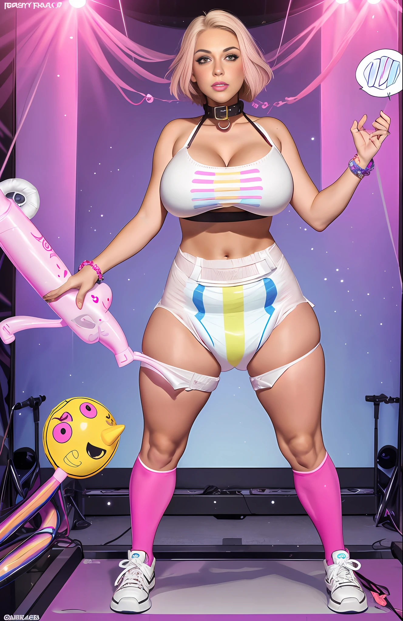 Sexy college sorority sister wearing a (big diaper), standing, walk in closet, ((embarrassed)), center of attention, pleasure, (kinky), facing crowd, (sweater), (sneakers), striped stockings, colorful, fantasy, (magic), (magical fog), mature, (big breasts), (wide hips), blushing, stage, stage lights, ((vulnerable)), kinky, blonde, ((blushing)), surprised, raised eyebrows, shocked, ((orgasmic)), (((hypnotized))), (hypnotic), drooling, (submissive), ((glowing eyes)), ((pink iris color)), (magic), ((relaxed)), ((ecstasy)), collar, big lips, bimbo, long lashes, kissy face, eyes crossed, puppet magic, voodoo magic, (voodoo puppet), (mind control), ((trance)), ((inflatables)), (helpless), seductive, ((thought bubble))