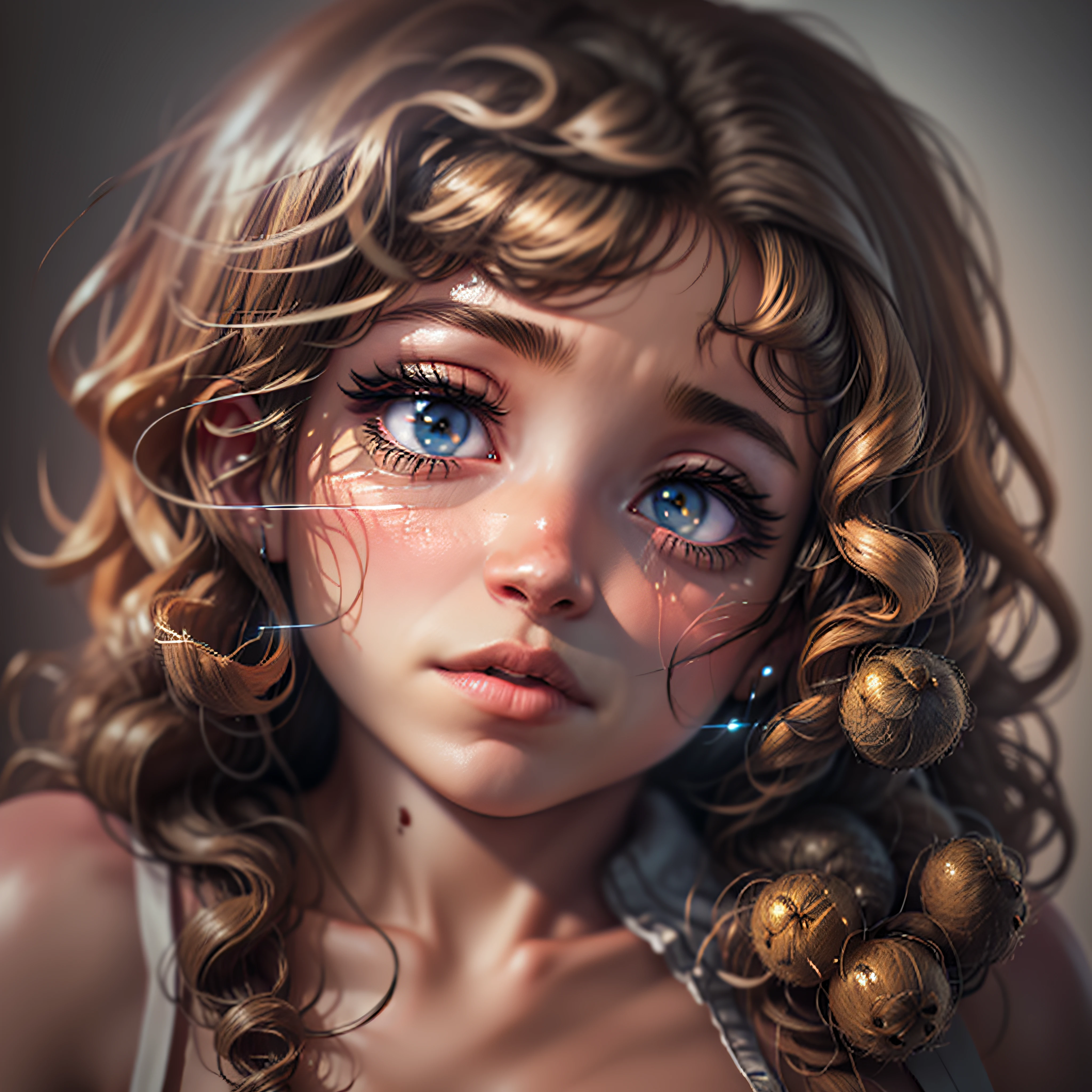 Super Big, Face Close, (hazel eyes), African-Latin style, curly hair, closed mouth, delicate big cheeks, Surrealism, 8k, super detail, masterpiece, best quality, (extremely detailed CG unity 8k wallpaper), (best quality), (best illustration), (best shadow), absurdres, realistic lighting, (Abyss), beautiful detailed glow, detailed face