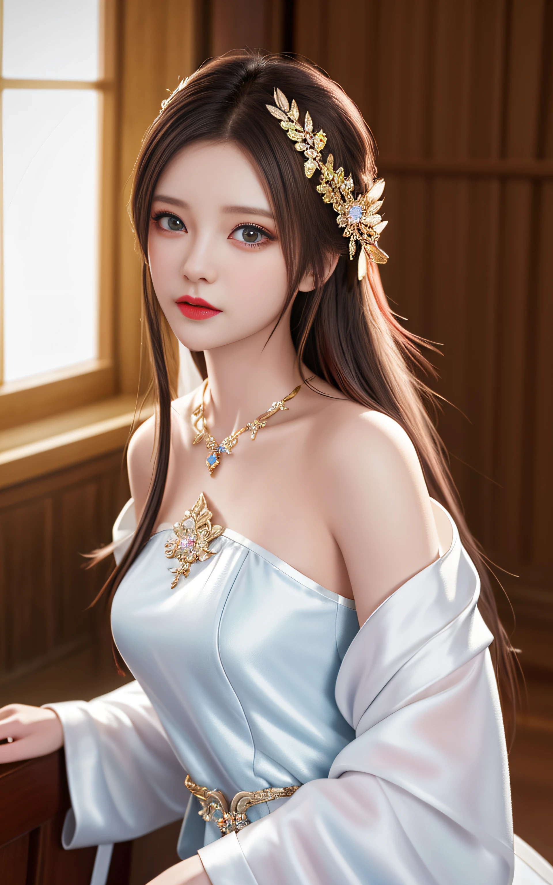 optimal quality、masterpaintings、high resolucion、1 girl、Porcelain skirt、hair adornments、necklac、jewelries、Beautiful face、physics、dingdall effect、realisticlying、dark studio、edgelighting、duotone lighting、(highdetailedskin:1.2)、8k uhd , DSLR, softlighting, high qulity, volumettic light, Candid camera, The photograph, high resolucion, 4k, 8k, Background bokeh,Translucent pajamas