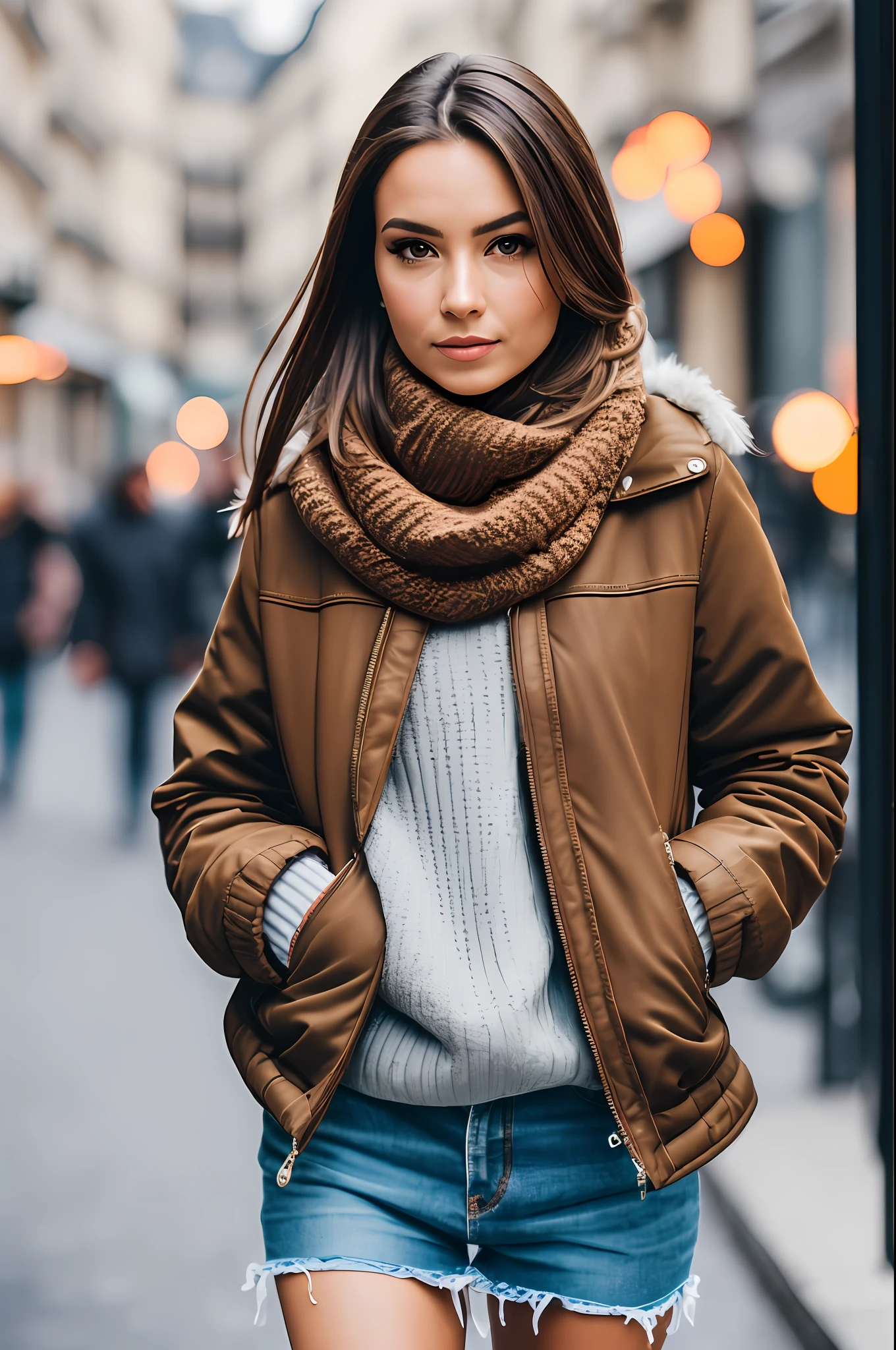 this woman stylish look, cold day, Full Body, woman with Brown Hair and Brown eyes Walk in the street in high Definition, paris, beautiful woman walking down street and looking at camera, 8k, photos taken by hasselblad + incredibly detailed, sharpness, details + professional lighting, photographic lighting + 50mm, 80mm, 100m + lightroom gallery + behance photography + unsplash --auto --s2