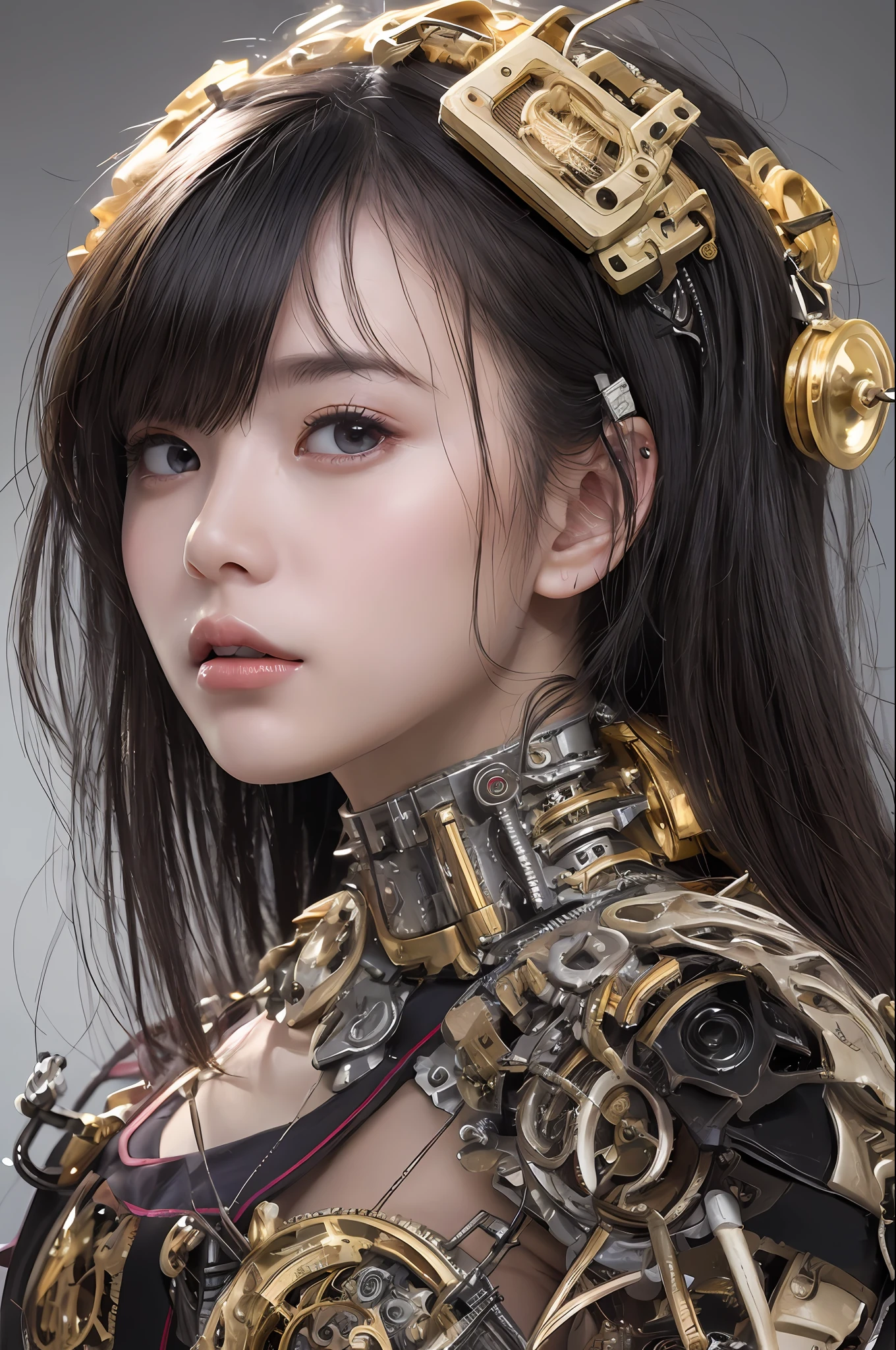 最好质量、巨作、ultra-high-resolution、(photoreallistic:1.4)、Raw photo、1人、Black hair、glowy skin、1 Mechanical Girl、((hyper realistic detail))、portlate、Global Illumination、Shadow、octane rend、8K、ultrasharp、big tit、Raw skin is exposed in cleavage、metals、Details of complex ornaments、Gothloli details、Analog Meter、cog、gear、Golden hydraulic cylinder、hyper intricate details、Realistic light、CGSoation Trends、purple colored eyes、eyes glowing、Facing the camera、neon details、Mechanical limbs、blood vessels connected to tubes、Mechanical vertebrae attached to the back、mechanical cervical attaching to neck、sitting on、Wires and cables connecting to the head、Small LED lamp、