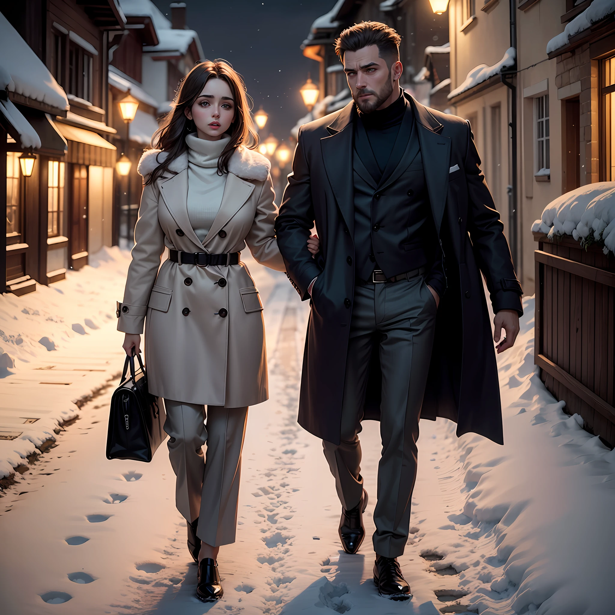 Foto ultra realista. 1 mulher, olhos cor de mel, with the characteristics of Ana de Armas with thermal pants, White wool blouse turtleneck, sobretudo por cima da roupa, synthetic leather stole wrapped around the neck and female hair with the style of the 50s; o homem bonito tem cabelo curto loiro, olhos azuis, rosto marcante e bonito, com barba. He wears a classic dark overcoat over a gray suit; the two are together in a romantic cinematic image with a dramatic air on a snow-covered street in St. Gallen in Switzerland, at night time, Dark skies, muita neve, frio, nevoeiro, inverno. The scenario with characteristics of the year 1945, with dramatic and melancholic tones --auto
