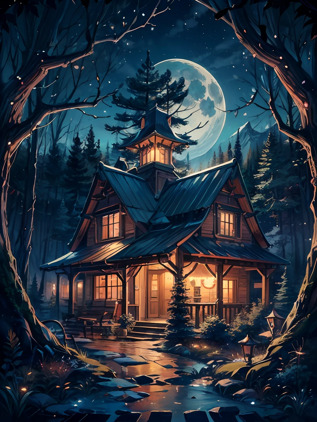 (Best quality),(masterpiece),(ultra detailed),(high detailed),(extremely detailed),quaint and lowkey forest village hideaway and amusement park, mysterious, tucked away deep in the woods, tucked away deep in the tundra, tucked away high in the mountains, tucked away the magic of the oak, tucked away the magic of the moon