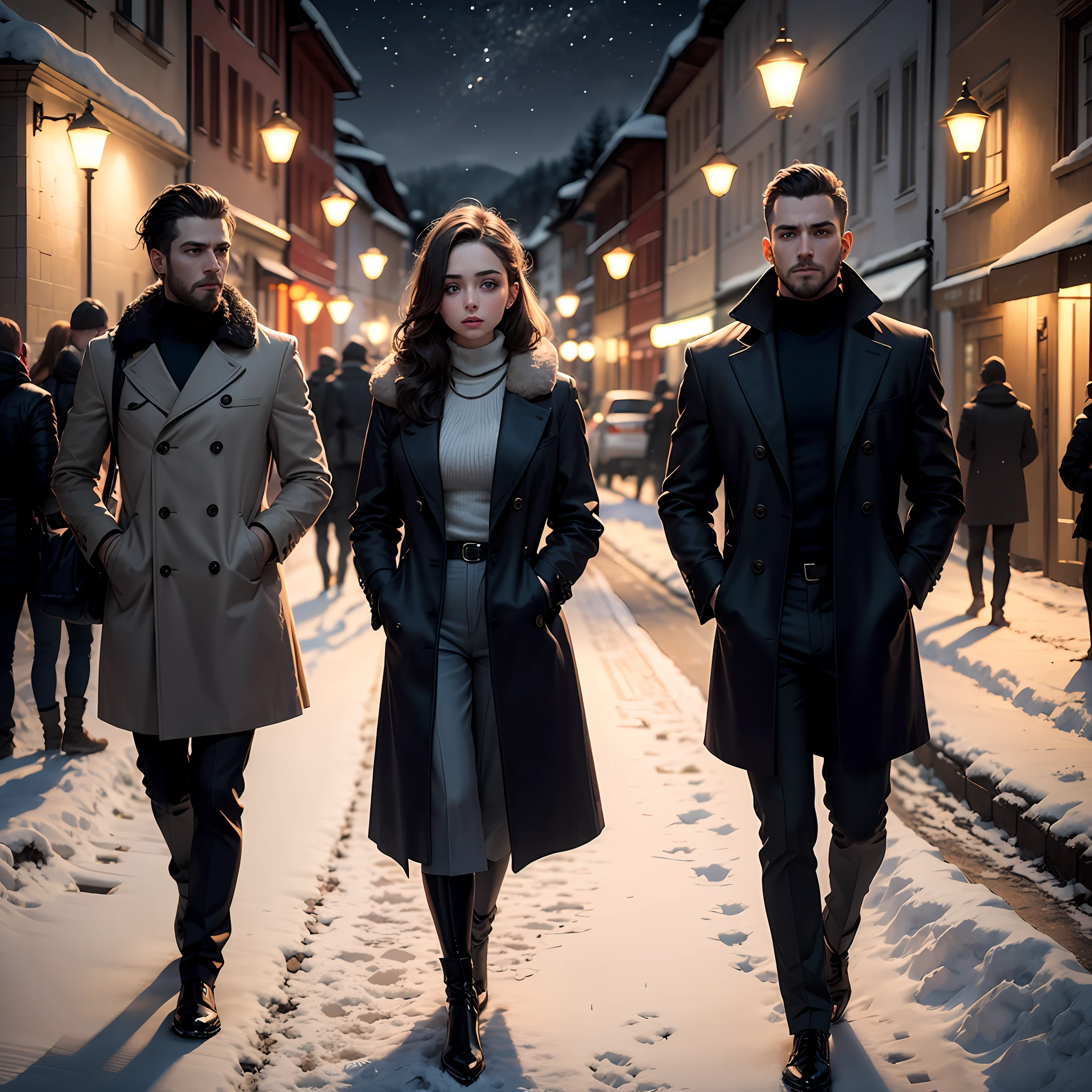 Foto ultra realista. 1 mulher, olhos cor de mel, with the characteristics of Ana de Armas with thermal pants, White wool blouse turtleneck, sobretudo por cima da roupa, synthetic leather stole wrapped around the neck and female hair with the style of the 50s; o homem bonito tem cabelo curto loiro, olhos azuis, rosto marcante e bonito, com barba. He wears a classic dark overcoat over a gray suit; the two are together in a romantic cinematic image with a dramatic air on a snow-covered street in St. Gallen in Switzerland, at night time, Dark skies, muita neve, frio, nevoeiro, inverno. The scenario with characteristics of the year 1945, with dramatic and melancholic tones --auto
