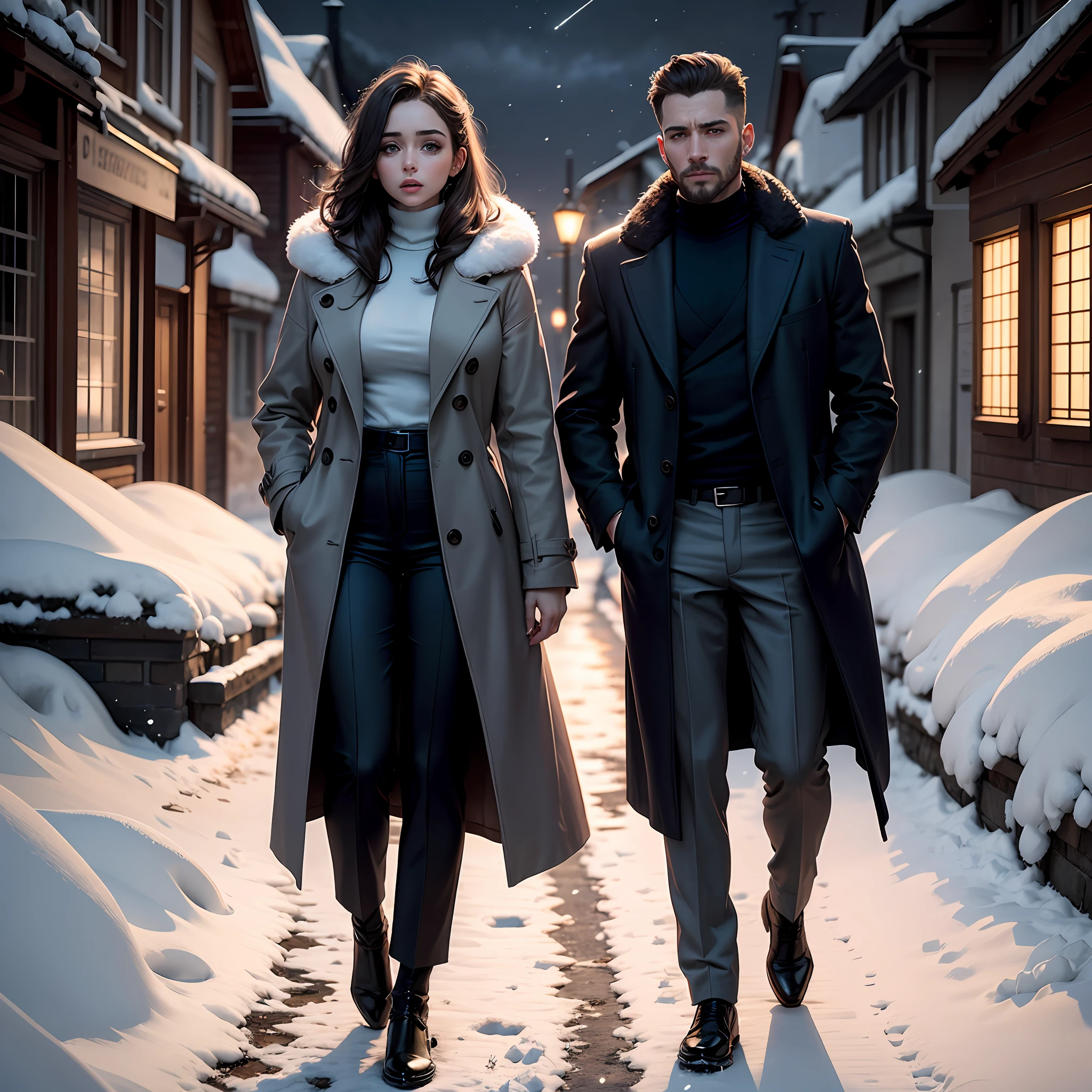 Foto ultra realista. 1 mulher, olhos cor de mel, with the characteristics of Ana de Armas with thermal pants, White wool blouse turtleneck, sobretudo por cima da roupa, synthetic leather stole wrapped around the neck and female hair with the style of the 50s; o homem bonito tem cabelo curto loiro, olhos azuis, rosto marcante e bonito, com barba. He wears a classic dark overcoat over a gray suit; the two are together in a romantic cinematic image with a dramatic air on a snow-covered street in St. Gallen in Switzerland, at night time, Dark skies, muita neve, frio, nevoeiro, inverno. The scenario with characteristics of the year 1945, with dramatic and melancholic tones --auto