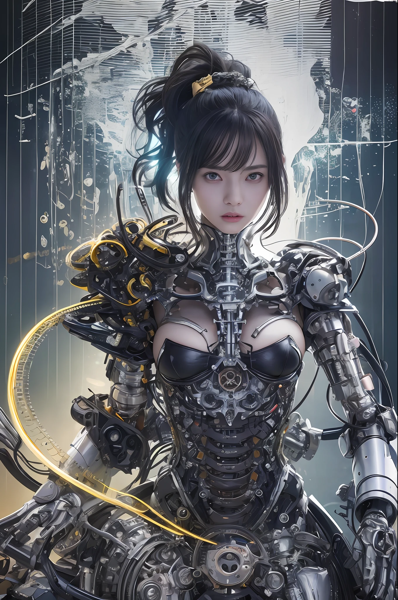 最好质量、巨作、ultra-high-resolution、(photoreallistic:1.4)、Raw photo、女の子1人、Black hair、glowy skin、1 Mechanical Girl、((hyper realistic detail))、portlate、Global Illumination、Shadow、octane rend、8K、ultrasharp、big tit、Raw skin is exposed in cleavage、metals、Details of complex ornaments、Gothloli details、Analog Meter、cog、gear、Golden hydraulic cylinder、hyper intricate details、Realistic light、CGSoation Trends、purple colored eyes、eyes glowing、Facing the camera、neon details、Mechanical limbs、blood vessels connected to tubes、Mechanical vertebrae attached to the back、mechanical cervical attaching to neck、sitting on、Wires and cables connecting to the head、Small LED lamp、