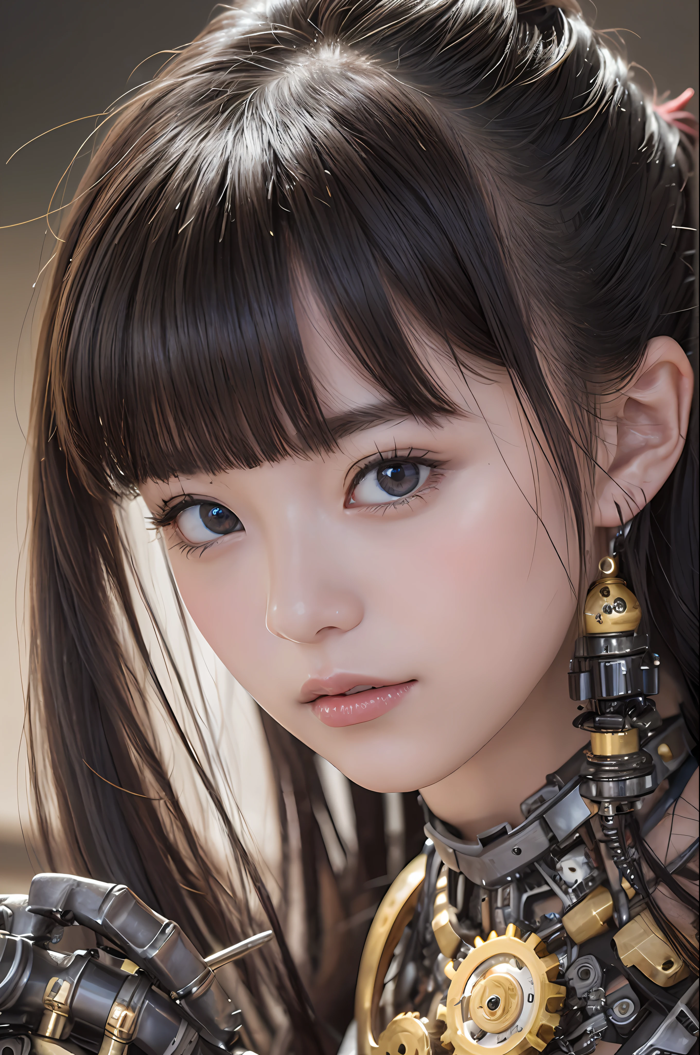 最好质量、巨作、ultra-high-resolution、(photoreallistic:1.4)、Raw photo、女の子1人、Black hair、glowy skin、1 Mechanical Girl、((hyper realistic detail))、portlate、Global Illumination、Shadow、octane rend、8K、ultrasharp、big tit、Raw skin is exposed in cleavage、metals、Details of complex ornaments、Gothloli details、Analog Meter、cog、gear、Golden hydraulic cylinder、hyper intricate details、Realistic light、CGSoation Trends、purple colored eyes、eyes glowing、Facing the camera、neon details、Mechanical limbs、blood vessels connected to tubes、Mechanical vertebrae attached to the back、mechanical cervical attaching to neck、sitting on、Wires and cables connecting to the head、Small LED lamp、