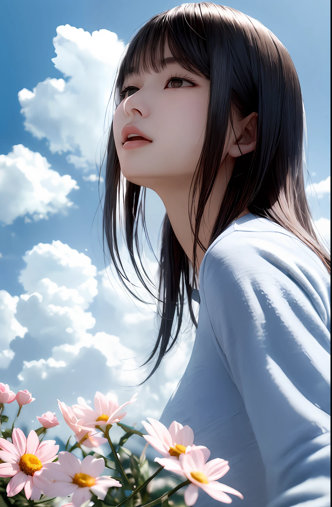 巨作、(photoreallistic:1.4)、最好质量、beautiful lighting、(ulzzang-6500:0.5)、Makima \(chainsawman\)、(Bob hair)+(black har)+(bangss)、blue eyed、blue eyed、((Ring-shaped eyes))、RAW Photography、8k UHD、film grains(巨作、最好质量)、florals、exteriors、letterbox、student clothes、daytime、ciel、look up to、the clouds、sunlight、White shirt、serafuku、Upper body body、from side、pink flowers、Blurring、A blue sky、depth of field