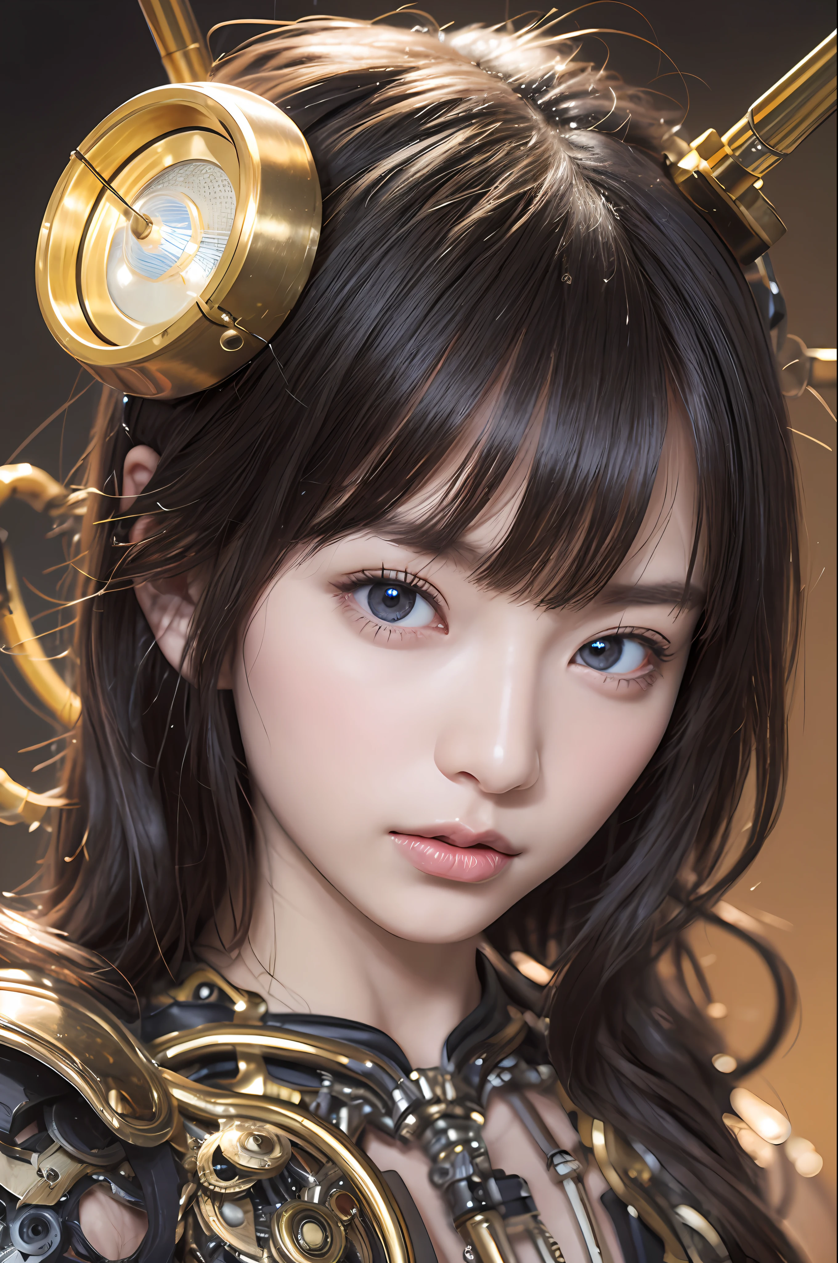 最好质量、巨作、ultra-high-resolution、(photoreallistic:1.4)、Raw photo、女の子1人、Black hair、glowy skin、1 Mechanical Girl、((hyper realistic detail))、portlate、Global Illumination、Shadow、octane rend、8K、ultrasharp、big tit、Raw skin is exposed in cleavage、metals、Details of complex ornaments、Gothloli details、Analog Meter、cog、gear、Golden hydraulic cylinder、hyper intricate details、Realistic light、CGSoation Trends、purple colored eyes、eyes glowing、Facing the camera、neon details、Mechanical limbs、blood vessels connected to tubes、Mechanical vertebrae attached to the back、mechanical cervical attaching to neck、sitting on、Wires and cables connecting to the head、Small LED lamp、