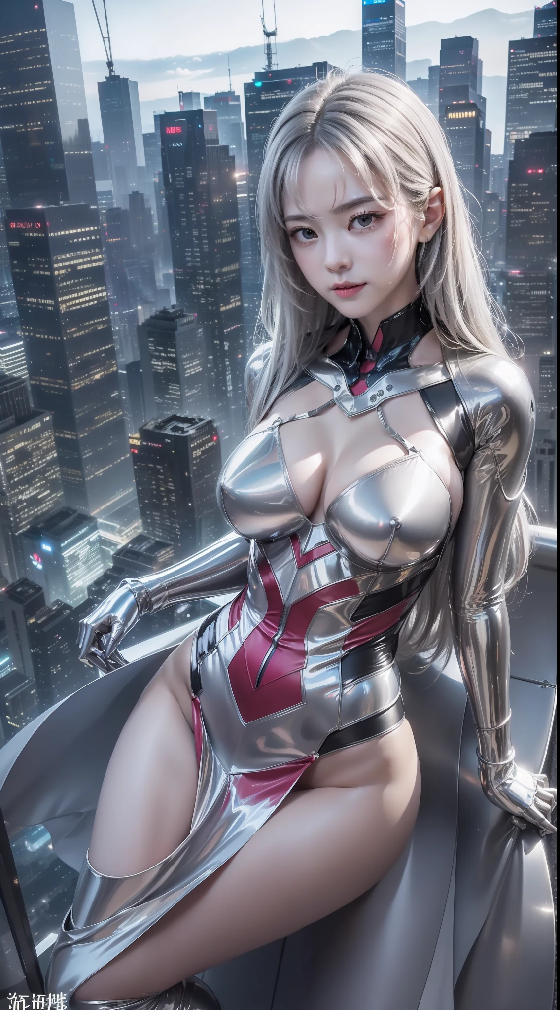 (masterpaintings、need、Ultra-delicate、high resolucion),(((She has long silver hair,A meticulous face,Nice face,The face of a human woman:1.6))),(((Female giant))),(The body is made of silver,The arms present a streamlined design,Looks tall and thin,The overall shape is streamlined and modern),(standing pose),pose for photos,high-angle,nigth,city ruins,background detail,(((body complet))),From above,独奏,(((solo dance))),(((Huge feeling)))