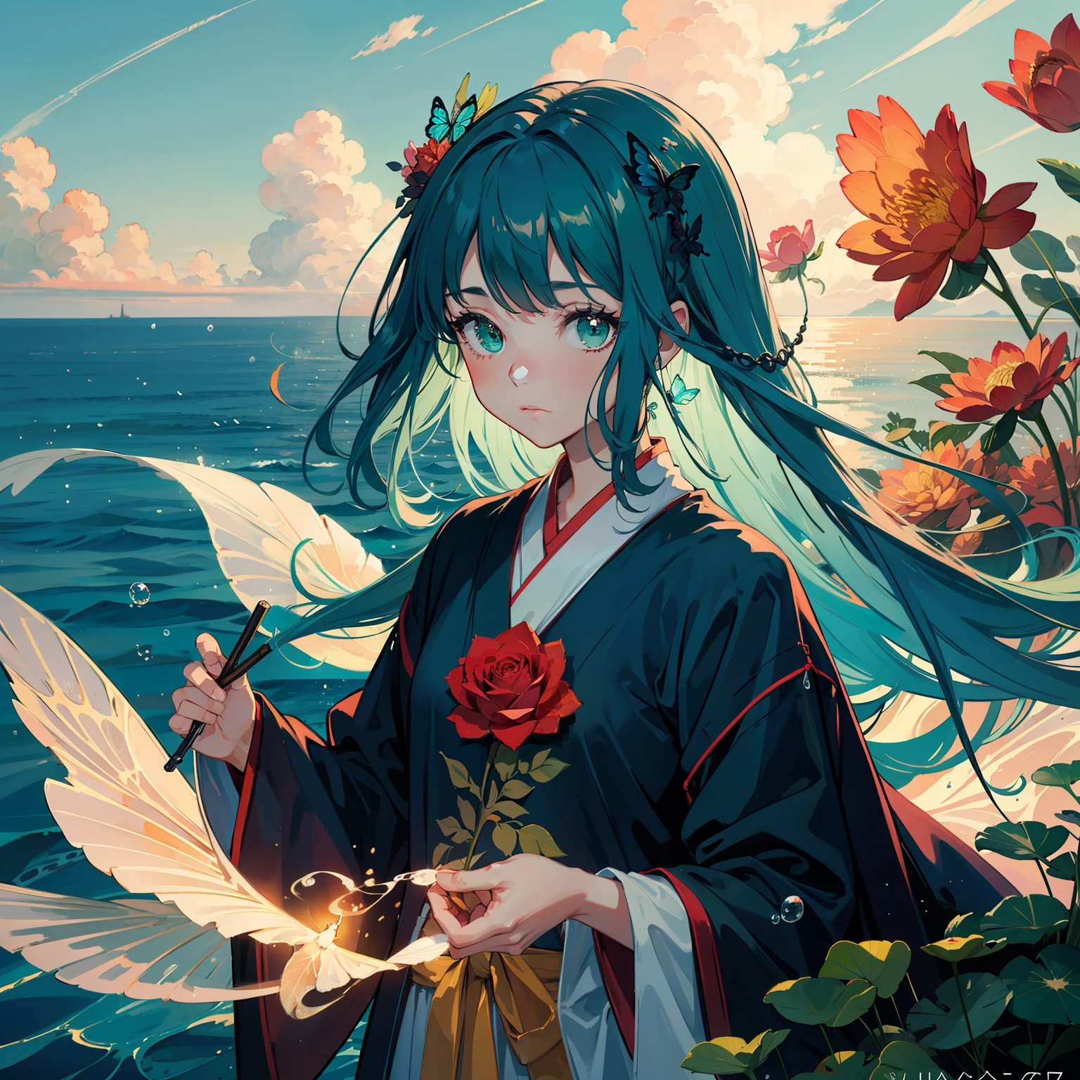 1 Girl,Chinese style Hanfu Lotus Pool,figure close-up,figure watercolor illustration,digital Impressian-colored,bright,dynamic Angle,medium depth of field,(++ green and orange cloud sea :2+)),exquisite hand painting,red 1 girl,Chinese style Hanfu Lotus Pool,figure close-up,figure watercolor illustration,digital Impressian-colored,bright,dynamic Angle,medium depth of field,(++ green and orange cloud sea :2+)),exquisite hand painting,red and green long hair,elegant,breeze,white gauze,water light,high purity,bubble,bubble,splash,red and green cloud sea,cyan,orange,water color light,cyan eyes,messy,complex background,flow,layers,magnificent mystery,night,dark green,melancholy,light orange,rose red,light green,green blue,light blue,Dream,fairy,fog,water blue,elegant,romantic,sea of clouds,butterflies,smoke,elegant,sea of flowers,sea of stars,water vapor,dream,hazy,spray,green and red clouds green long hair,elegant,breeze,white gauze,water light,high purity,bubble,bubble,splash,red and green cloud sea,cyan,orange,watercolor light,cyan eyes,messy,complex background,flow,Layers,magnificent mystery,night,dark green,melancholy,light orange,rose red,light green,green blue,light blue,dream,fairy,fog,water blue,elegant,romantic,sea of clouds,butterflies,smoke,elegant,sea of flowers,sea of stars,water vapor,dream,hazy,spray,green and red clouds Style_Swirl_Magic_StyleSwirlMagic pepper4-1400(Cersei mod) EasyNegative,masterpiece,best quality,
