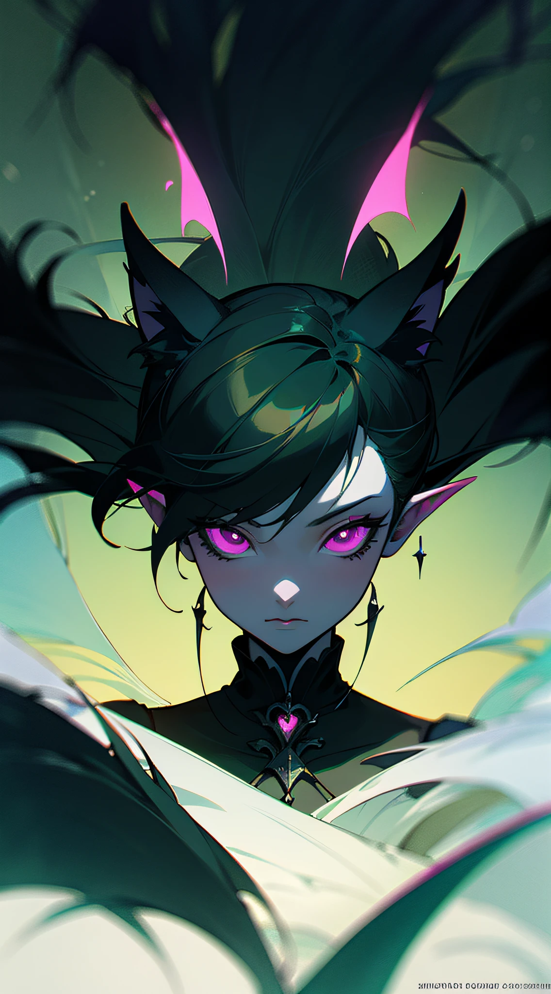 a close up of a woman with (green, white and black) hair and cat ears wearing a black and white dress, green hues , dark fantasy style art, beautiful necromancer, dark fantasy art, beautiful necromancer girl, gothic fantasy art, gothic maiden anime girl, anime fantasy artwork, portrait of a dark fantasy nymph, beautiful dark elf countess, fantasy dark art, dark fantasy artwork, detailed digital anime art, 2d, smooth comers, smooth gradient --auto