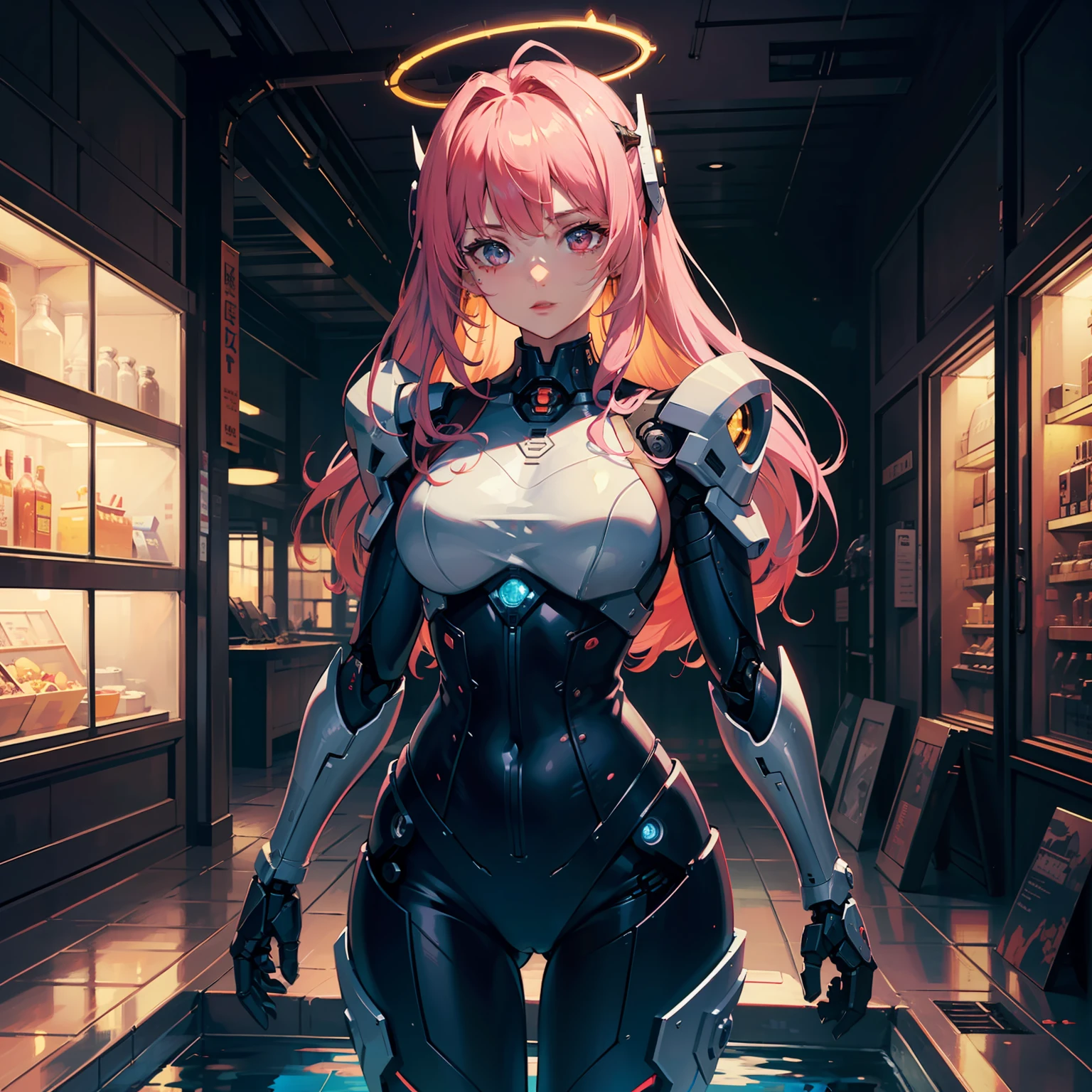 Masterpiece, best quality, Super Detailed, Very detailed illustrations, Very Detailed, Complex Details, High resolution, Super Complex Details, Very detailed 8k CG wallpaper, Cowboy Shot, caustics, Reflection, Ray Tracing, Demon Theme, Nebula, Dark Halo, Web Effects, (1 girl :1.4), Solo, Solo, Mecha Museum, Mechanical parts, robot joints, single robotic arm, headgear, mechanical halo, star halo, complex mechanical bodysuit, mecha corset, kimono, fully armored, very long hair, pink hair, eye tracks, random expressions, random actions, ancient Japanese architecture, pool, star, antenna,