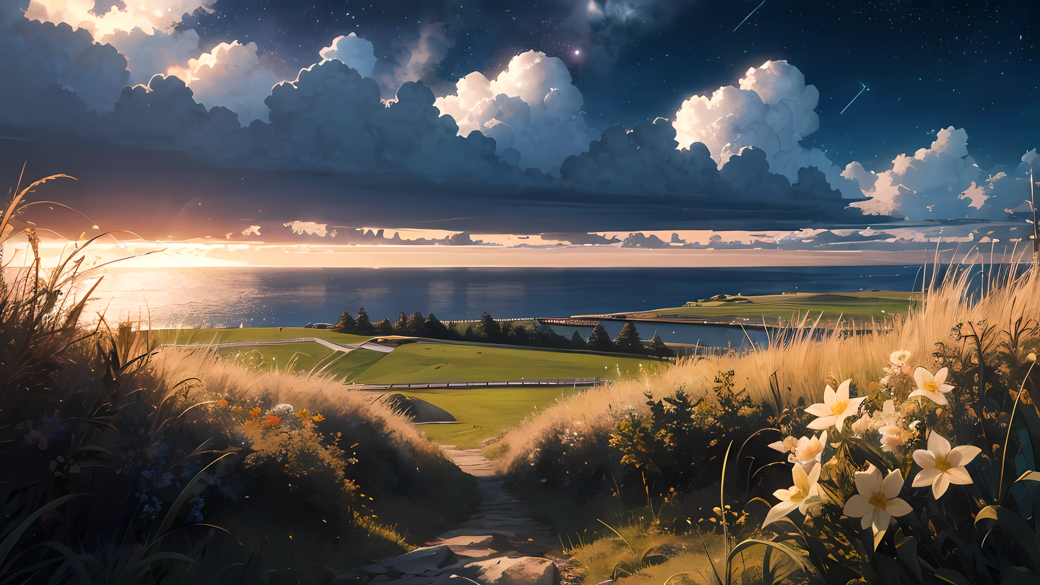 (vast sky + large grassland), beautiful skyline, [highlight filter: 1.2 + soft light filter: 0.8 + contrast optimization: 0.9 + high saturation: 1.1], shooting angle dynamic, starry sky, vast water, harbor in the distance.