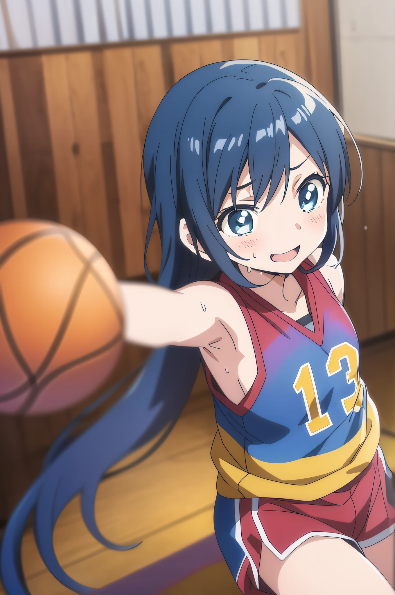 (最好质量,アニメ,Anime Art Style:1.2), , 13years, SwPlaying Basketball,Powerful angles、Speedy movement,looking away,Looks fun、a smile、Sleeveless