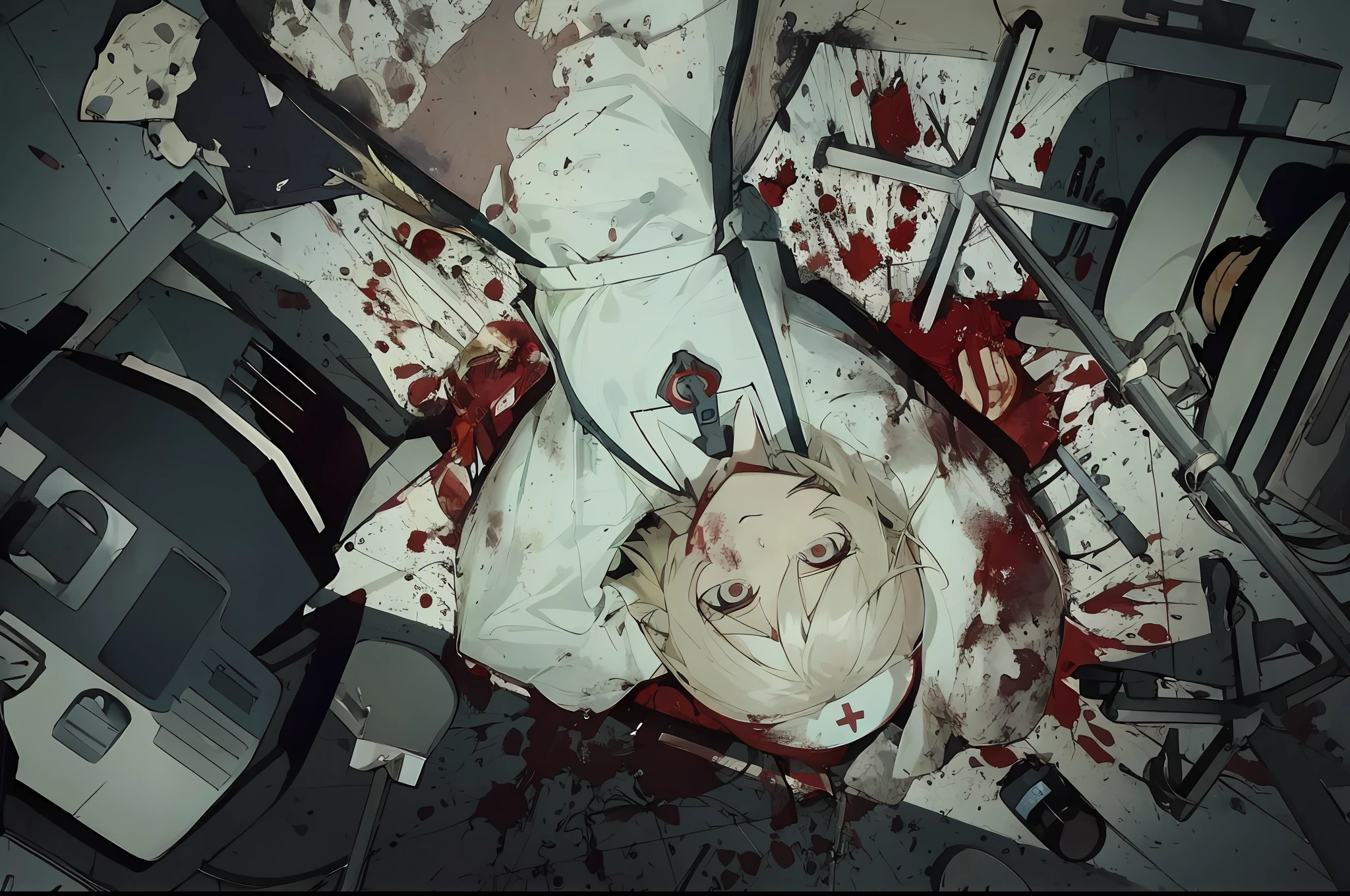 blood spatulad on the floor of a hospital room with a nurse, bloody scene, screenshot from a 2012s anime, Guviz, screenshot from the anime film, Best anime 4k konachan wallpaper, key anime visuals, anime still film anime shikishi, screenshot from guro anime, in the anime film, gapmoe yandere
