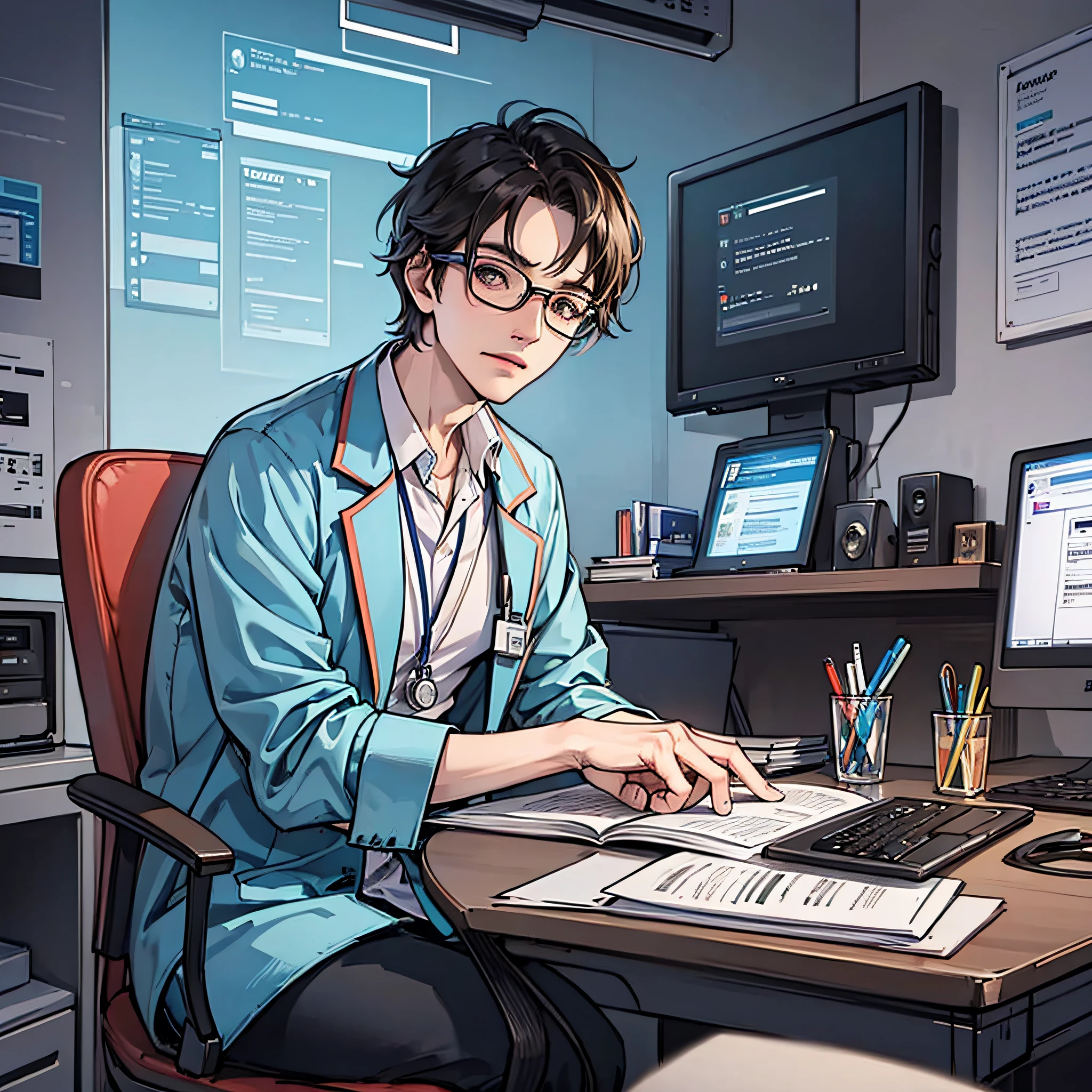 Inside the hospital,The doctor sits in front of the computer