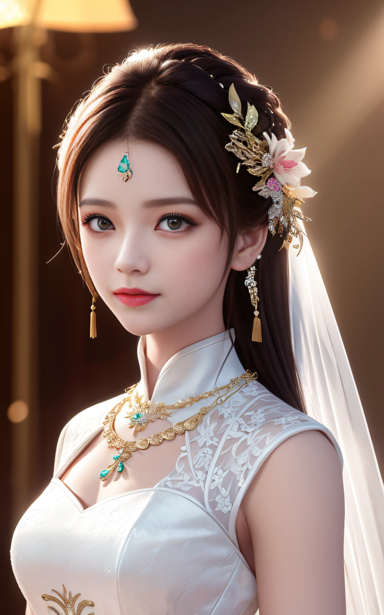 best quality, masterpiece, highres, 1girl,china wedding dress,hair ornament,necklace, jewelry,Beautiful face,upon_body, tyndall effect,photorealistic, dark studio, rim lighting, two tone lighting,(high detailed skin:1.2), 8k uhd, dslr, soft lighting, high quality, volumetric lighting, candid, Photograph, high resolution, 4k, 8k, Bokeh