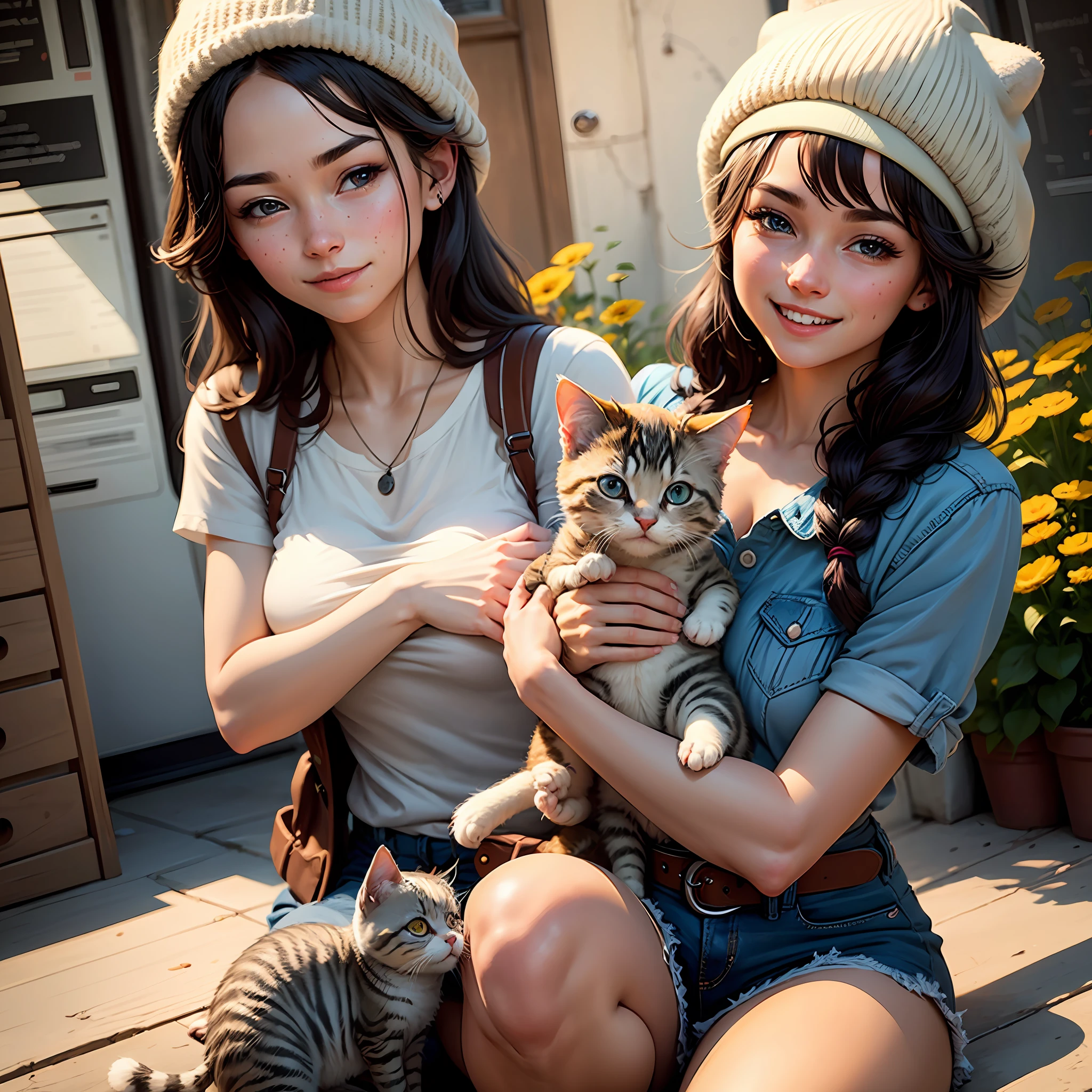 Image: Show Emma, a kind-hearted girl with a warm smile, wearing her adventure hat. She is holding the lost kitten gently in her arms, showcasing her care and compassion. Animated picture. --auto