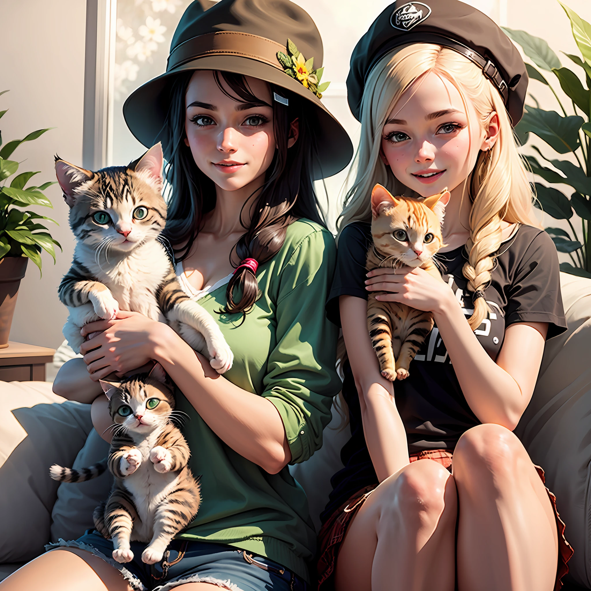 Image: Show Emma, a kind-hearted girl with a warm smile, wearing her adventure hat. She is holding the lost kitten gently in her arms, showcasing her care and compassion. Animated picture. --auto