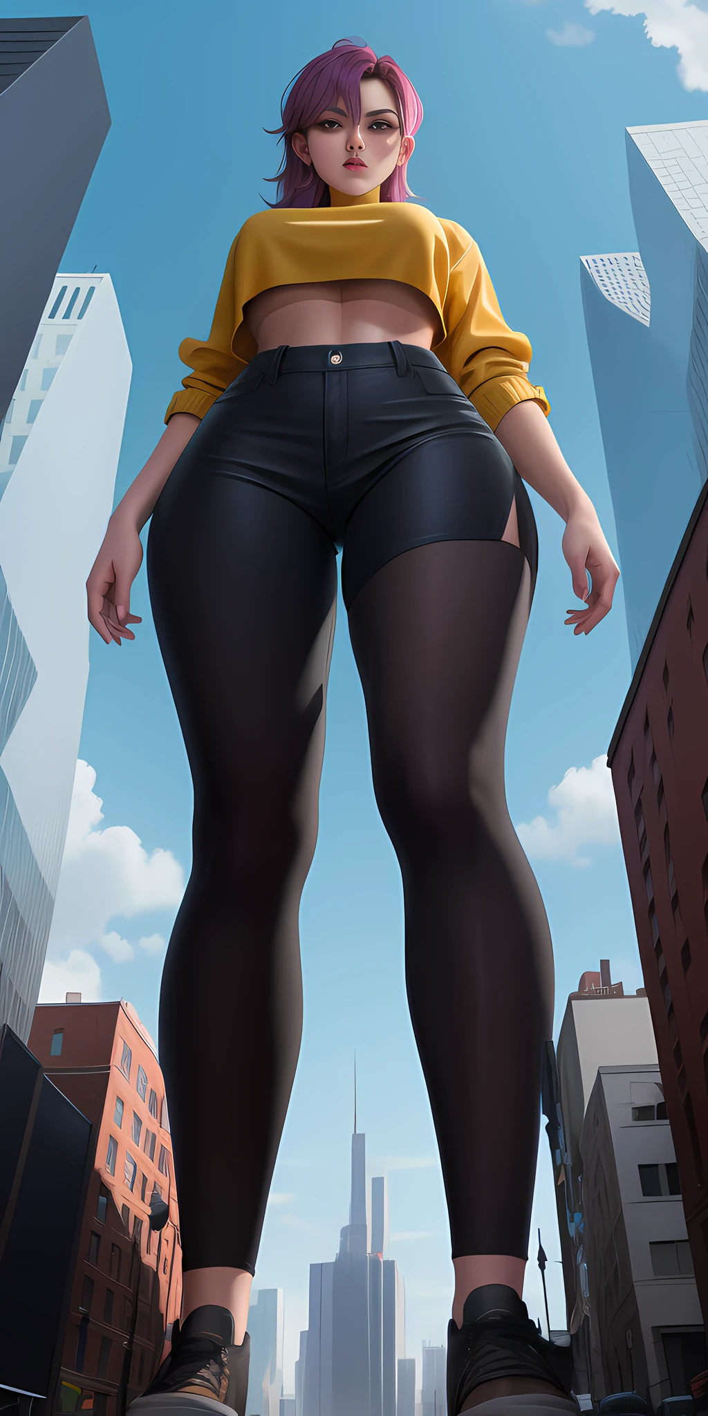 A towering Giantess is rocking a crop top and hot pants. Her toned and athletic build hints at her massive strength. She seems to be casually strolling through the bustling cityscape, as towering buildings loom overhead, The perspective is from below, emphasizing the sheer majesty