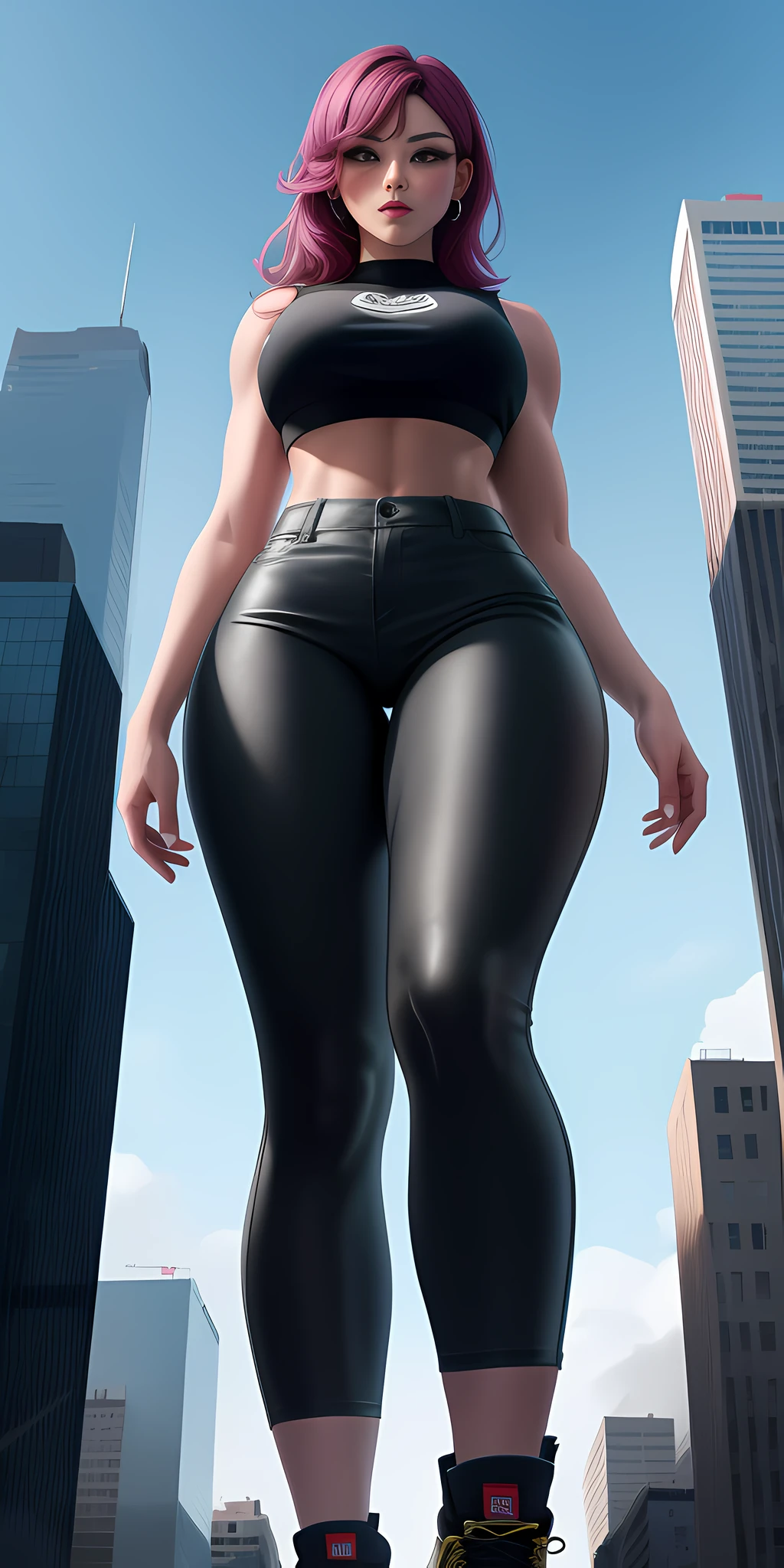 A towering Giantess is rocking a crop top and hot pants. Her toned and athletic build hints at her massive strength. She seems to be casually strolling through the bustling cityscape, as towering buildings loom overhead, The perspective is from below, emphasizing the sheer majesty