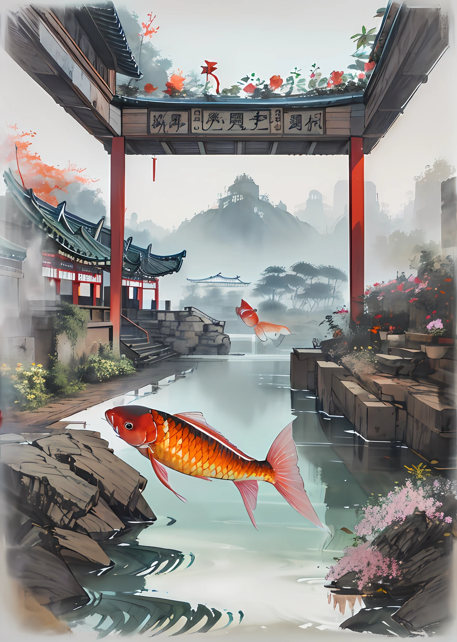 huaniao, [(white background:1.5)::5], mid shot, full body, chinese style, flowers,((fish)),stone fragment, beautiful detailed water,pool,