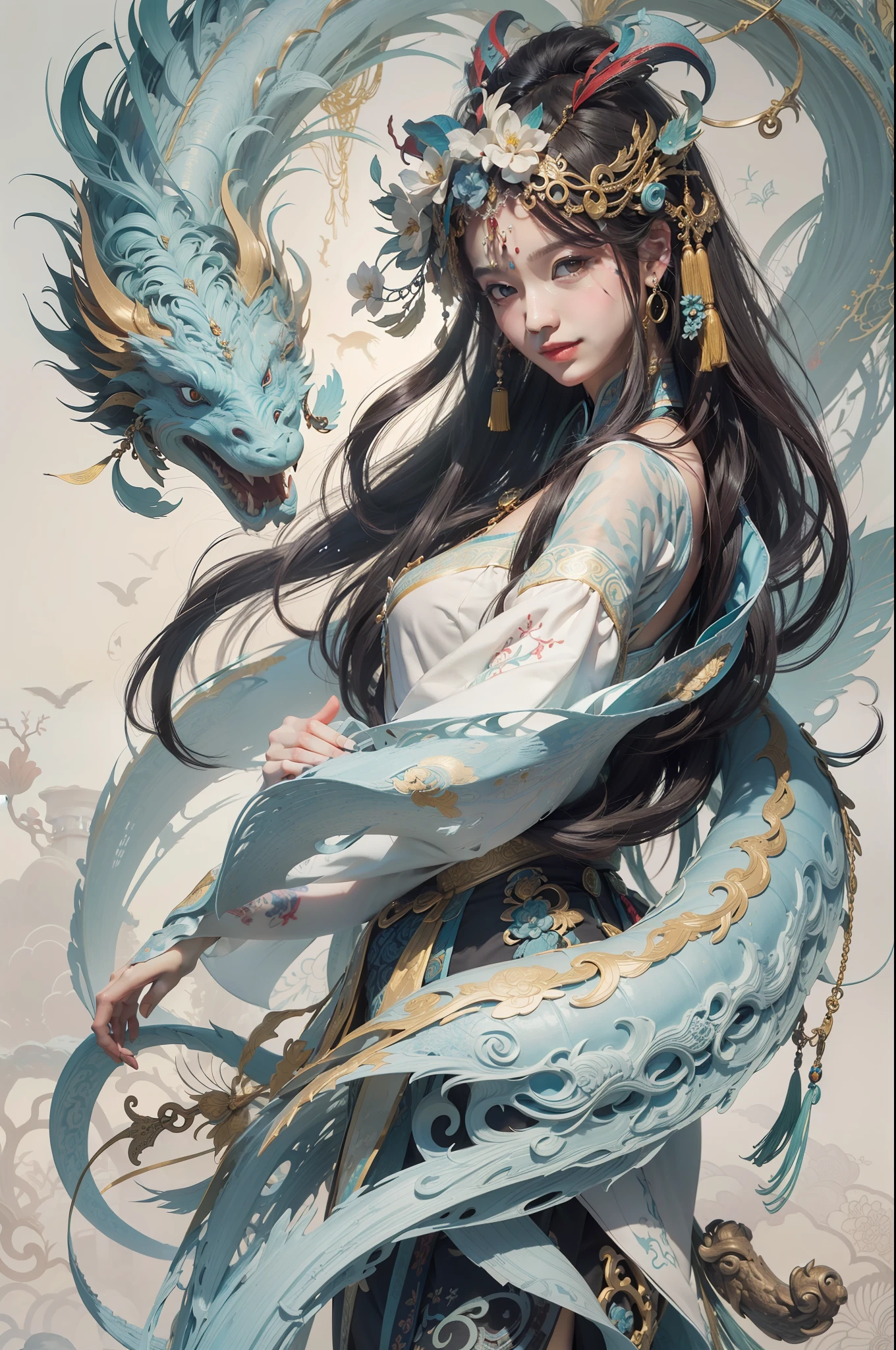 Official Art, Unified 8K Wallpapers, Ultra Detailed, Beautiful and Aesthetic, Masterpiece, Best Quality, (Zentangle, Tangle, Entangle), (fractal art: 1.4), 1girl, black hair, Chinese, bare shoulders, short skirt, calf, navel, very detailed, dynamic angle, cowboyshot, (most beautiful form chaos), flowing, (bright colors), oc, (half: 1.2), china, (thangka flying sky: 1.5), (ribbon: 1.3), (dream: 1.5), (hanfu: 1.5), Chinese dragon, Chinese phoenix, (smile: 0.5), (Chinese deity), (paper cut:1.5)