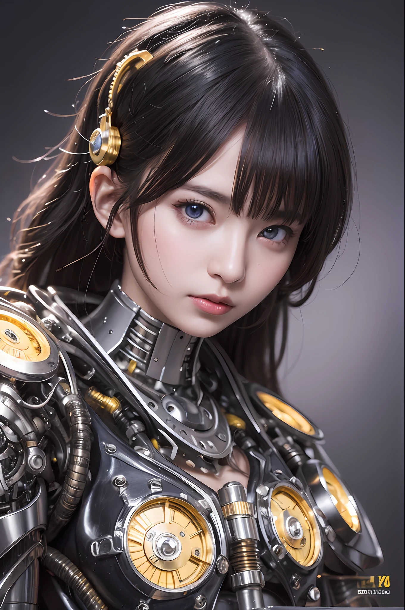 最好质量、巨作、ultra-high-resolution、(photoreallistic:1.4)、Raw photo、女の子1人、Black hair、glowy skin、1 Mechanical Girl、((hyper realistic detail))、portlate、Global Illumination、Shadow、octane rend、8K、ultrasharp、big tit、Raw skin is exposed in cleavage、metals、Details of complex ornaments、Gothloli details、Analog Meter、cog、gear、Golden hydraulic cylinder、hyper intricate details、Realistic light、CGSoation Trends、purple colored eyes、eyes glowing、Facing the camera、neon details、Mechanical limbs、blood vessels connected to tubes、Mechanical vertebrae attached to the back、mechanical cervical attaching to neck、sitting on、Wires and cables connecting to the head、Small LED lamp、