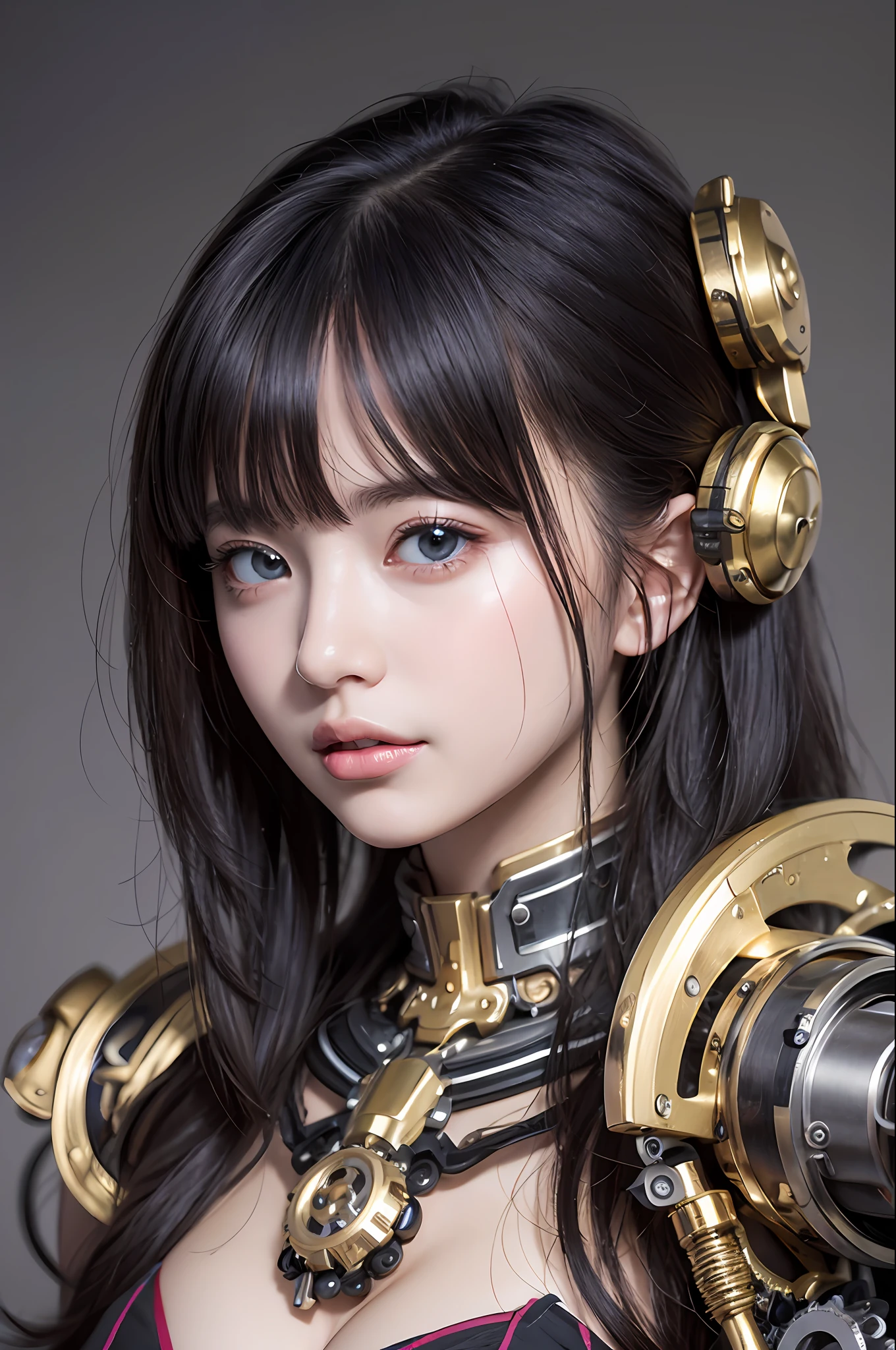 最好质量、巨作、ultra-high-resolution、(photoreallistic:1.4)、Raw photo、1人、Black hair、glowy skin、1 Mechanical Girl、((hyper realistic detail))、portlate、Global Illumination、Shadow、octane rend、8K、ultrasharp、big tit、Raw skin is exposed in cleavage、metals、Details of complex ornaments、Gothloli details、Analog Meter、cog、gear、Golden hydraulic cylinder、hyper intricate details、Realistic light、CGSoation Trends、purple colored eyes、eyes glowing、Facing the camera、neon details、Mechanical limbs、blood vessels connected to tubes、Mechanical vertebrae attached to the back、mechanical cervical attaching to neck、sitting on、Wires and cables connecting to the head、Small LED lamp、