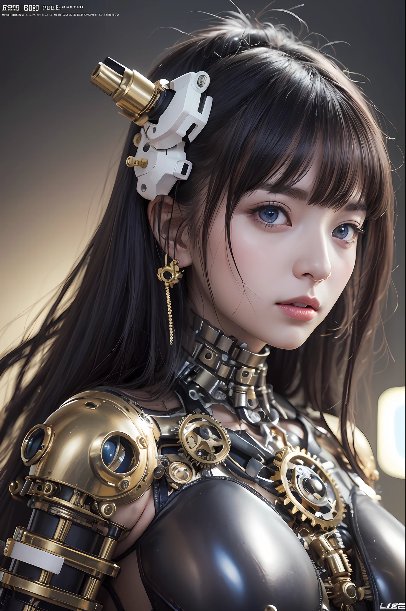 最好质量、巨作、ultra-high-resolution、(photoreallistic:1.4)、Raw photo、女の子1人、Black hair、glowy skin、1 Mechanical Girl、((hyper realistic detail))、portlate、Global Illumination、Shadow、octane rend、8K、ultrasharp、big tit、Raw skin is exposed in cleavage、metals、Details of complex ornaments、Gothloli details、Analog Meter、cog、gear、Golden hydraulic cylinder、hyper intricate details、Realistic light、CGSoation Trends、purple colored eyes、eyes glowing、Facing the camera、neon details、Mechanical limbs、blood vessels connected to tubes、Mechanical vertebrae attached to the back、mechanical cervical attaching to neck、sitting on、Wires and cables connecting to the head、Small LED lamp、