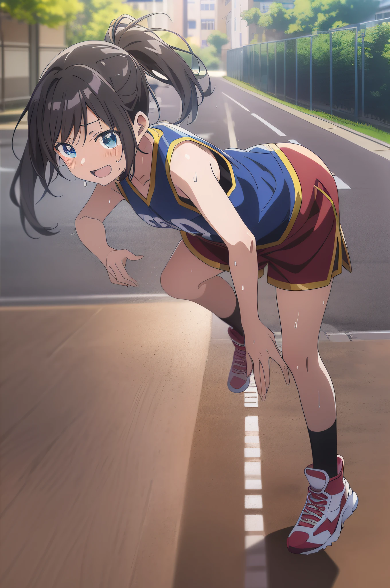 (最好质量,アニメ,Anime Art Style:1.2), Little girl, 13years, Sweat、Playing Basketball,Powerful angles、Speedy movement,looking away,Looks fun、a smile、Sleeveless