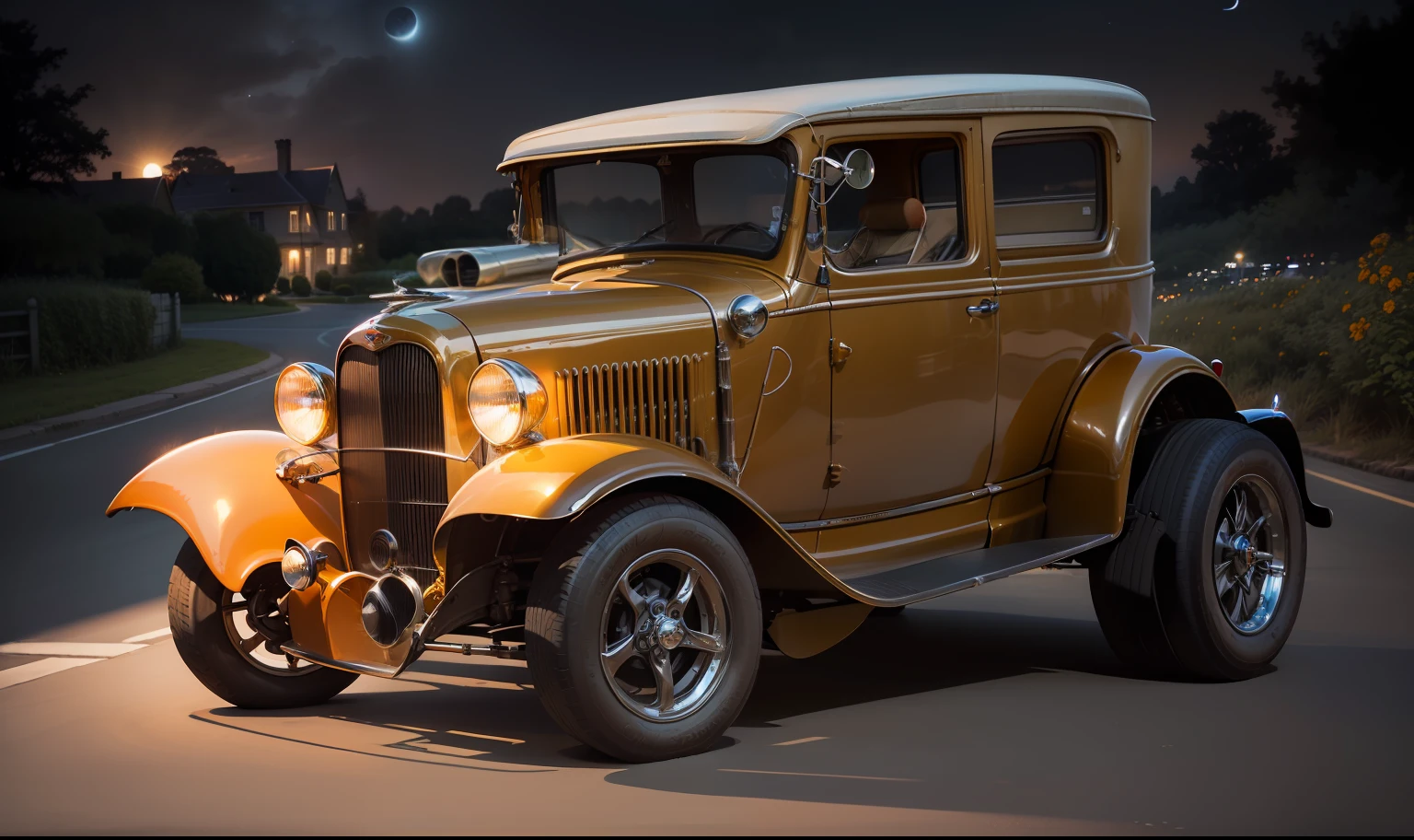 imagens altamente detalhadas, fotorrealista, cinematographic, summer night, summer season, yellow-orange planet Venus in the night sky, bright cream-orange glow of the planet in the night sky, brightness of the yellow-orange planet Venus illuminates the street with Ford 1932 black, the car is standing near a country house, the car is in front of the gates of a country house --auto