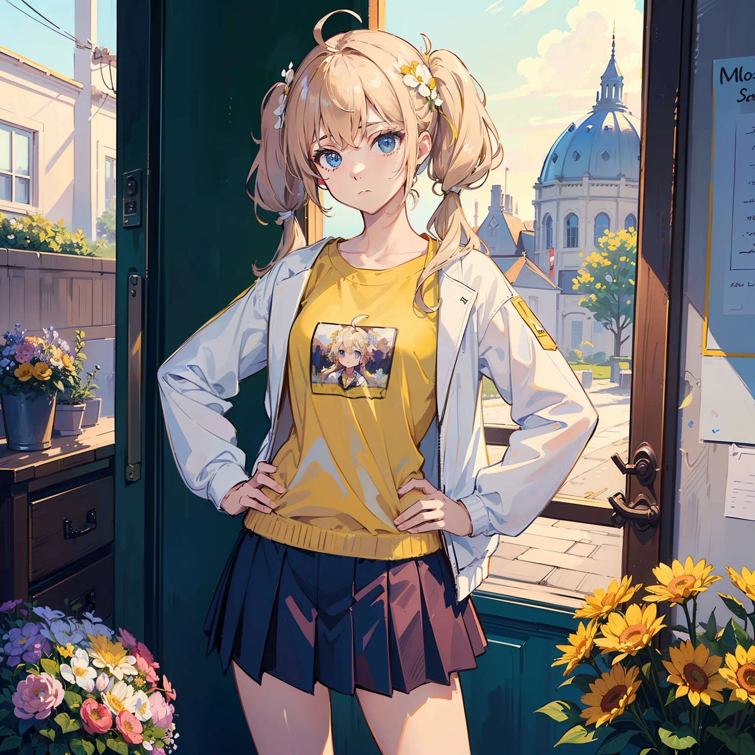 (((masterpiece))),(((best quality))),(((illustration)),

(((beautiful detailed girl))),small chest,hands_on_hips, 

((delicate face)),expressionless,light blue eyes,

long hair,twintails,beige hair,hair flower,ahoge,

white jacket,Yellow T-shirt,bare leg,

in school,flowers,sunny,teaching building,beautiful landscape,