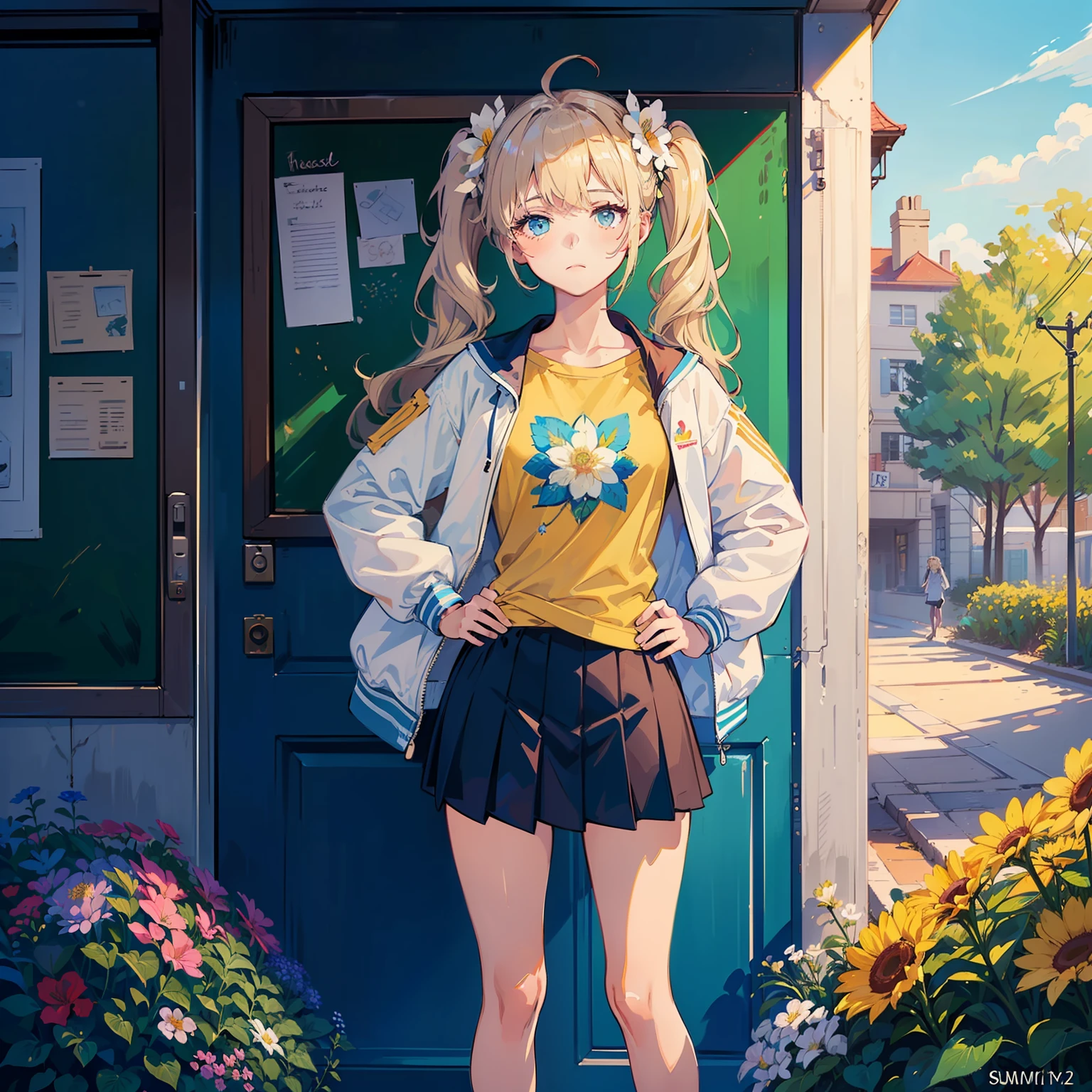 (((masterpiece))),(((best quality))),(((illustration)),
(((beautiful detailed girl))),small chest,hands_on_hips,
((delicate face)),expressionless,light blue eyes,
long hair,twintails,beige hair,hair flower,ahoge,
white jacket,Yellow T-shirt,bare leg,
in school,flowers,sunny,teaching building,beautiful landscape,