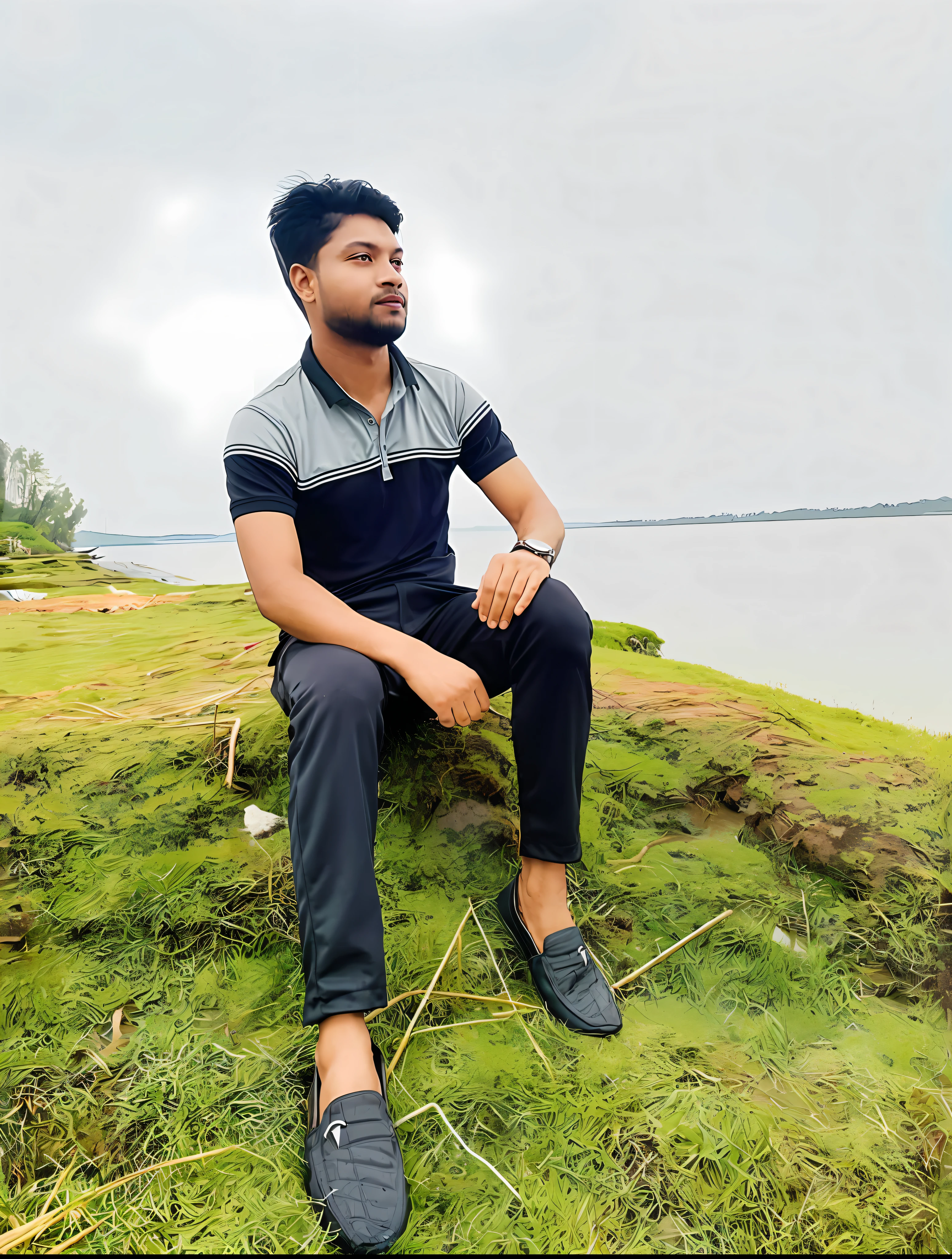 there is a man sitting on a hill by the water, in front of a forest background, stylish pose, full body picture, in a scenic background, near a lake, assamese aesthetic, with a cool pose, very artistic pose, lake in the background, riyahd cassiem, very very low quality picture, ayan nag, candid picture